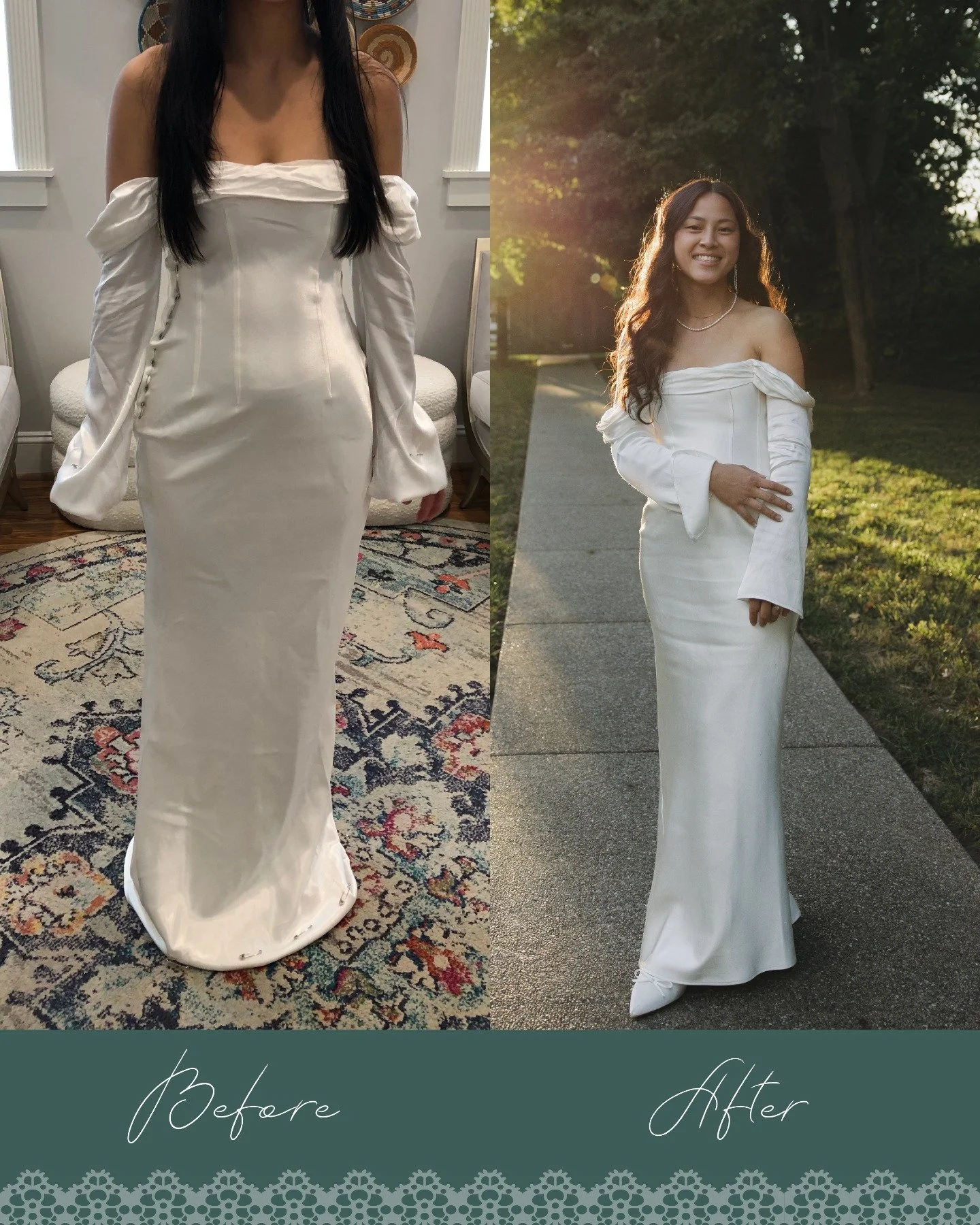 This is another fall 2025 bride we finished for October. This brides dress looked absolutely lovely, the off the shoulder long sleeve look was perfect for early fall. With this dress we had to pinch in the bodice and adjust the shoulders. Making many