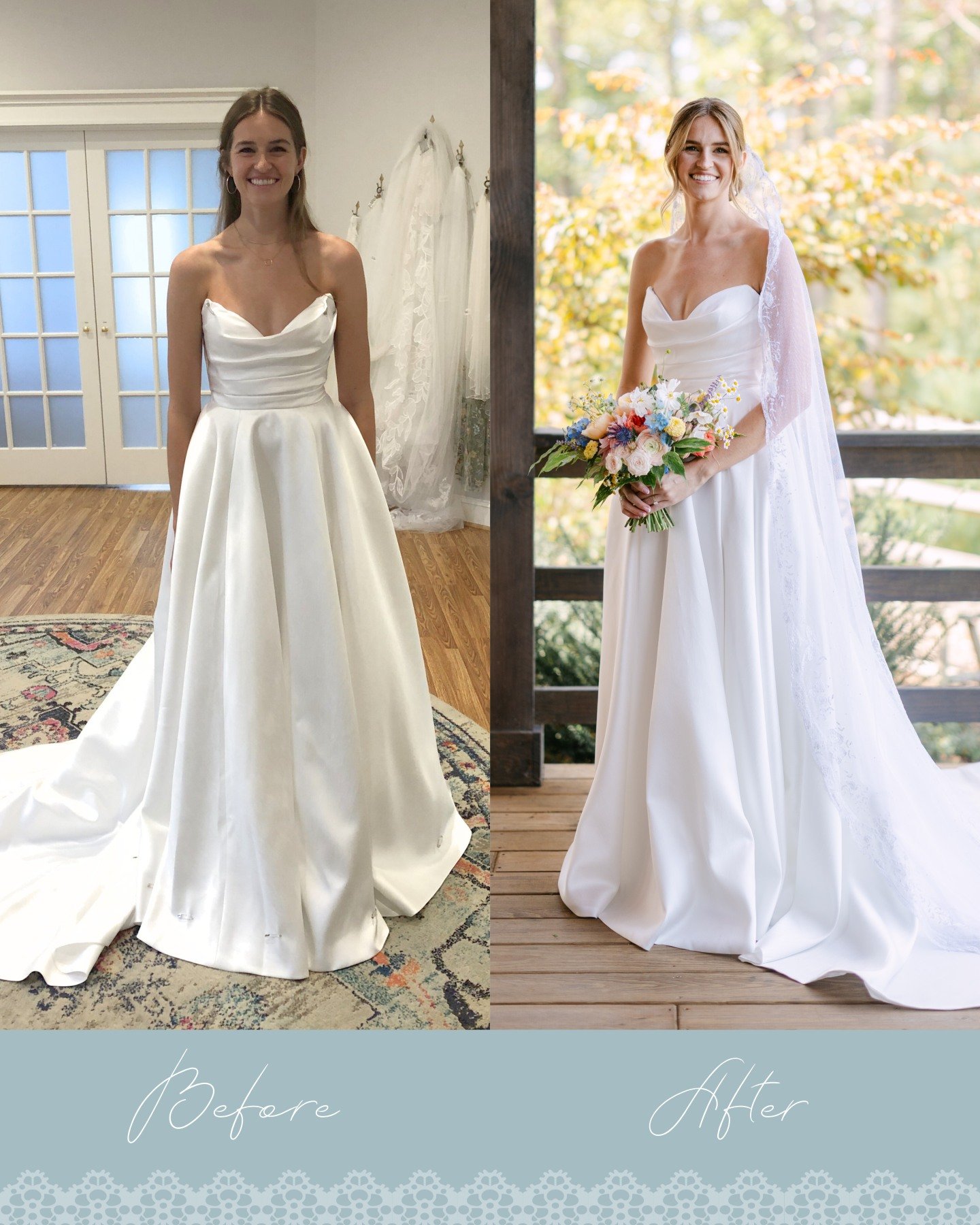 One of our lovely fall 2025 brides and mother of the brides! We worked on both ladies dresses and they turned out lovely. For the brides we did a lot of small changes around the torso and bust area to make sure it fit perfectly. We took in the sides,