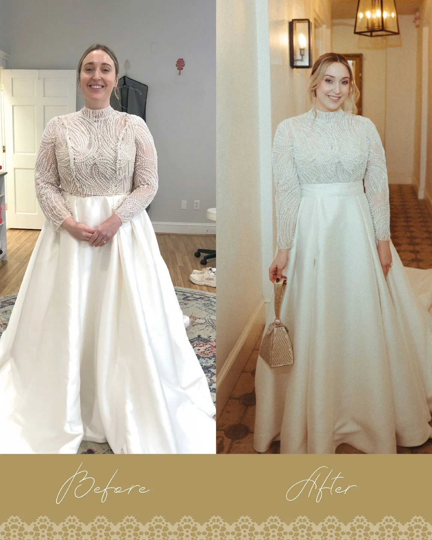 One of our gorgeous 2026 brides! We did quite a bit on this dress to make sure the bodice and skirt fit perfectly. This bodice was unique compared to what we normally work on, the entire bodice was encrusted in pearls. We took in the bust, waist, and