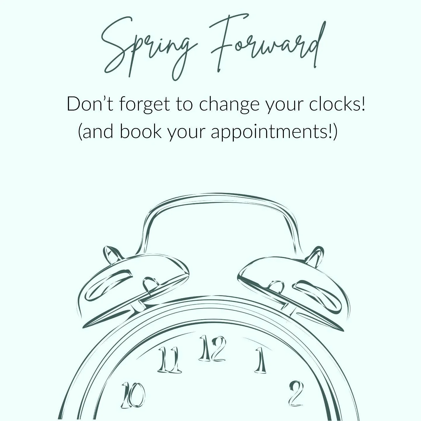 We are so excited for the extra daylight! 🌸

Just a reminder to make sure those clocks are correct and to schedule your spring/summer appointments. We are filling up quickly, so book in advance!