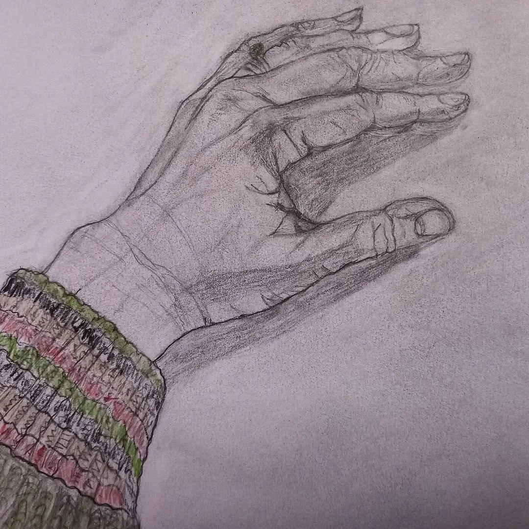 Quick(ish) sketch of my (slightly chubby, hypermobile) hand. Shading is slightly odd and the third finger looks a wee bit strange. My New Year's resolution is to do more sketching. 😅