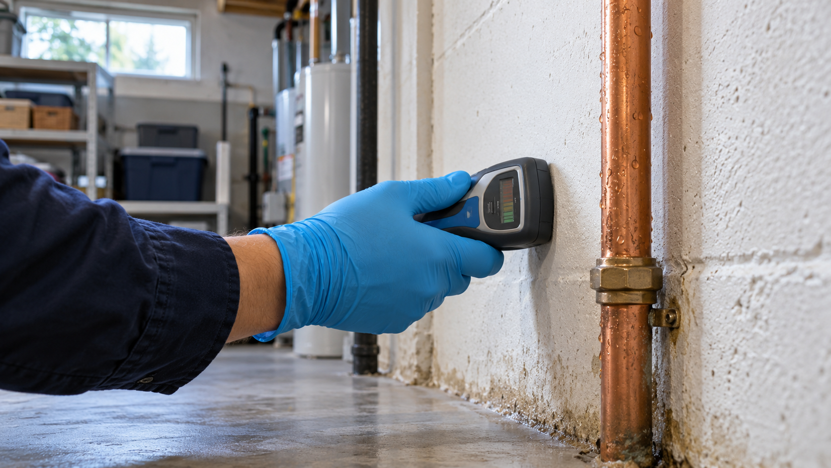 Gloved hand using a moisture meter beside a basement water pipe