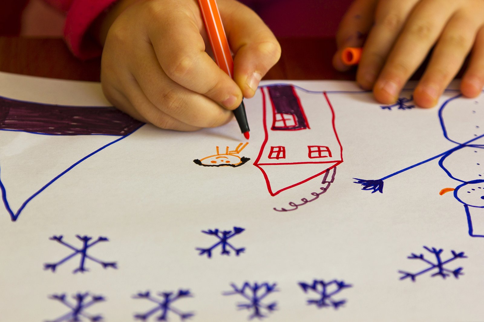 A child drawing a picture of a snowman, a house with a chimney emitting smoke, 2 windows and a door, a person, and snow in the sky