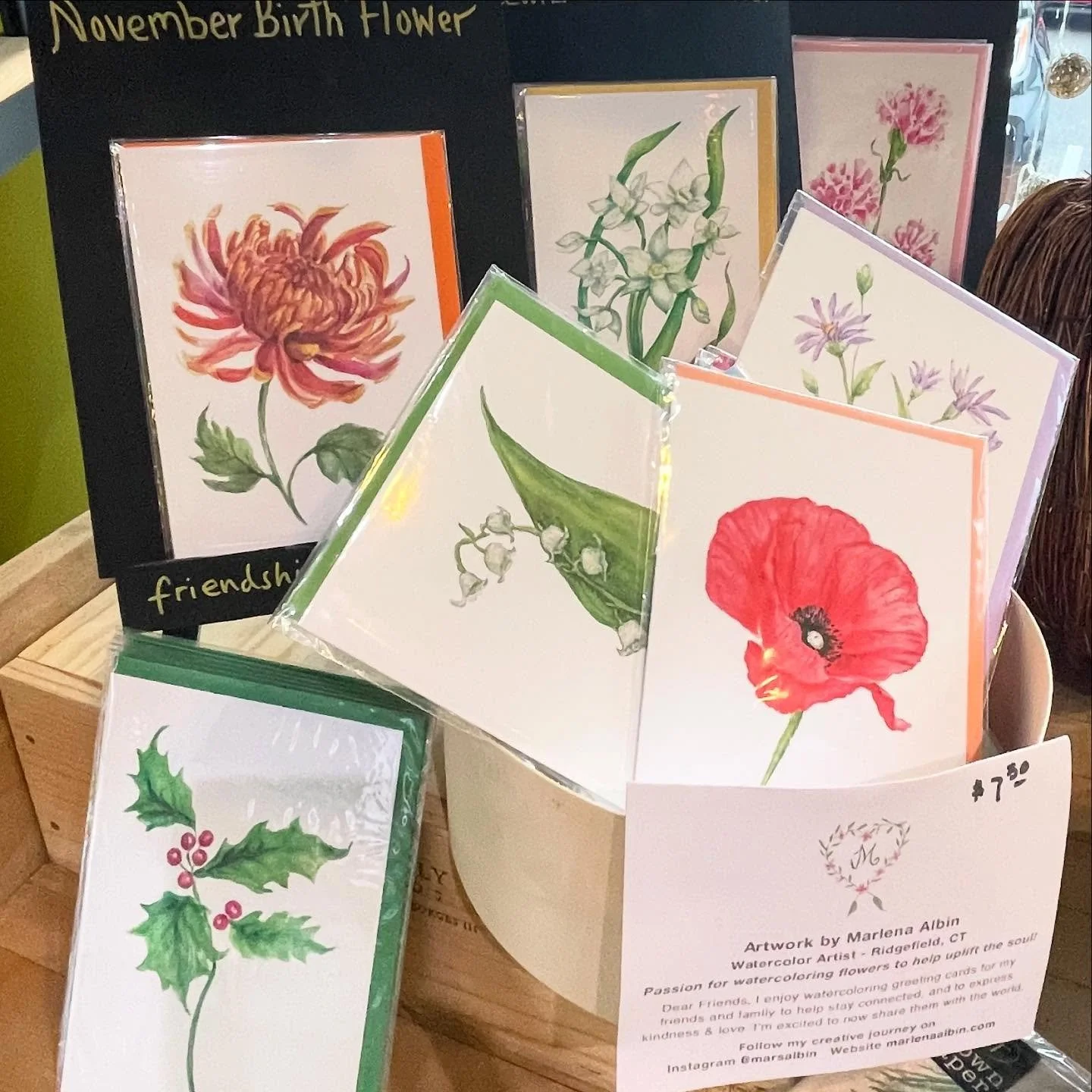 Restocked! Watercolor cards - Nov, Dec, Jan Birth Flower Cards and Holly Cards 

Available now for purchase in Ridgefield CT in 2 local stores @bellahomeridgefield and @109cheese 

Find the perfect gift and pair it with a card. Both stores have the b