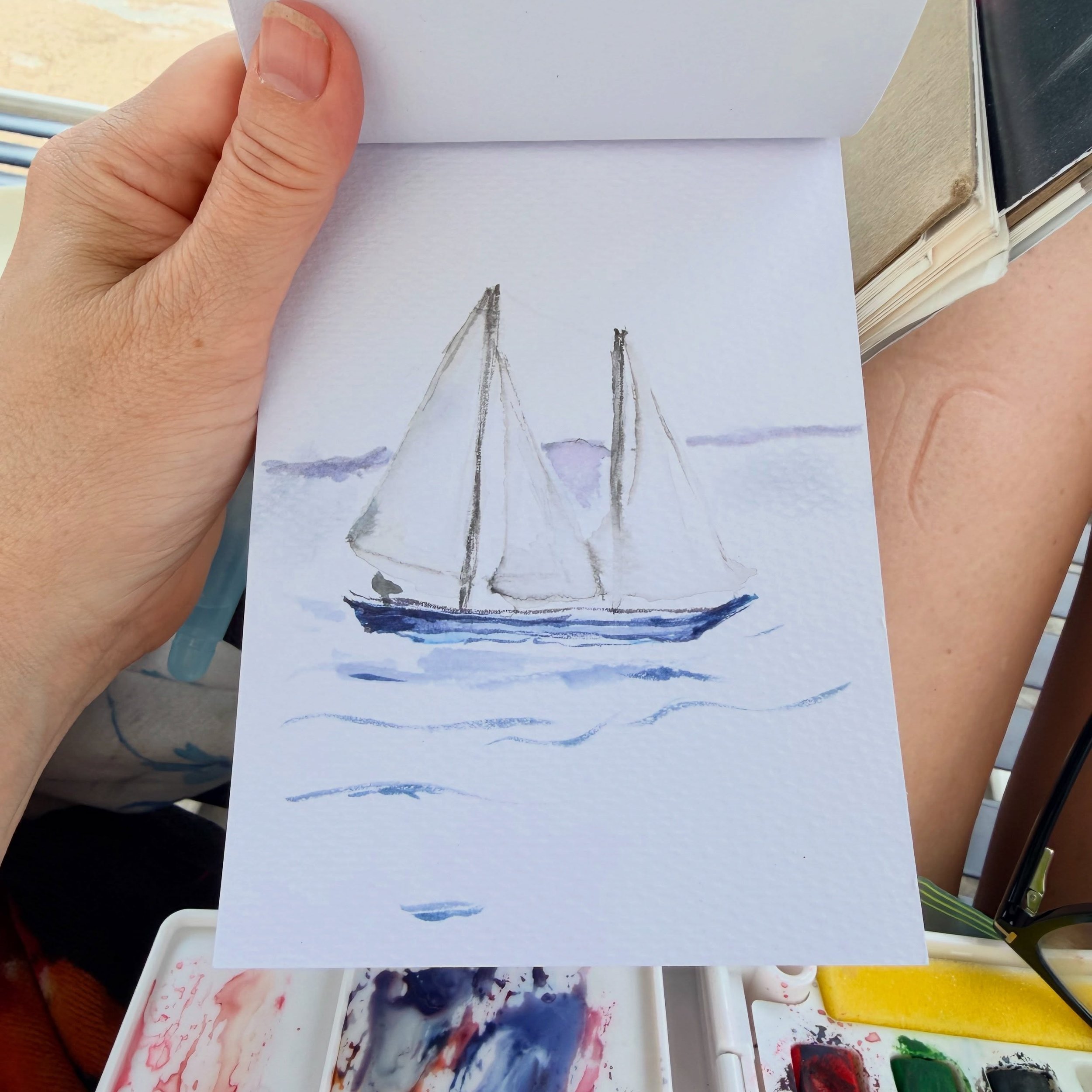 Summertime, sitting poolside, watercoloring a quick simple sailboat, remembering my visit to Newport RI, I painted this just before the thunderstorm. no time to overthink, I had to stop to make a quick dash to the car before the rain. I think this wo