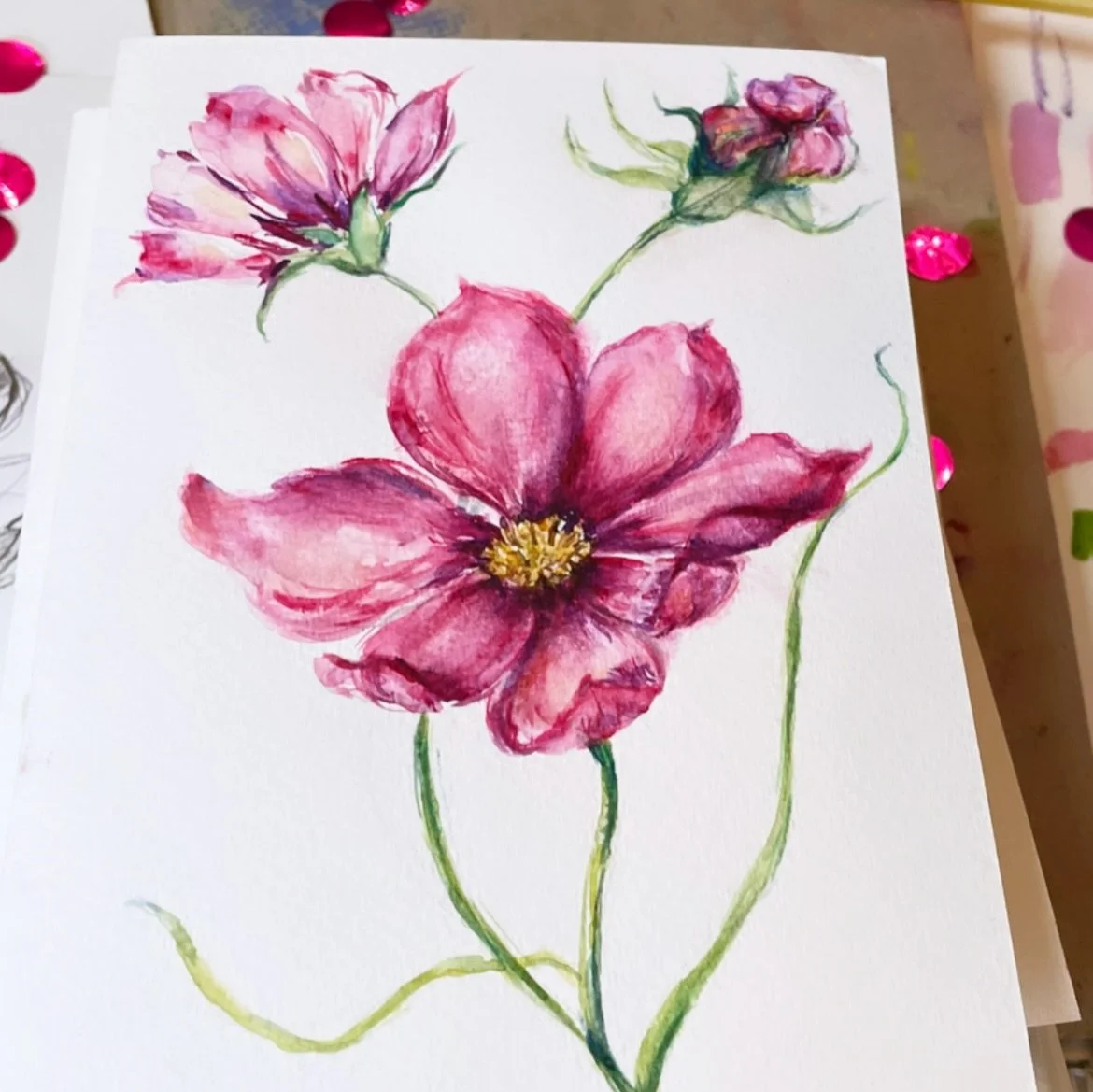 💗My &lsquo;I feel love&rsquo; Cosmos birth flower cards have arrived! In this painting I tried to convey how I see this flower - I see cosmos dancing FREE in the wind! From the secret language of flowers cosmos represents harmony, peace &amp; love. 