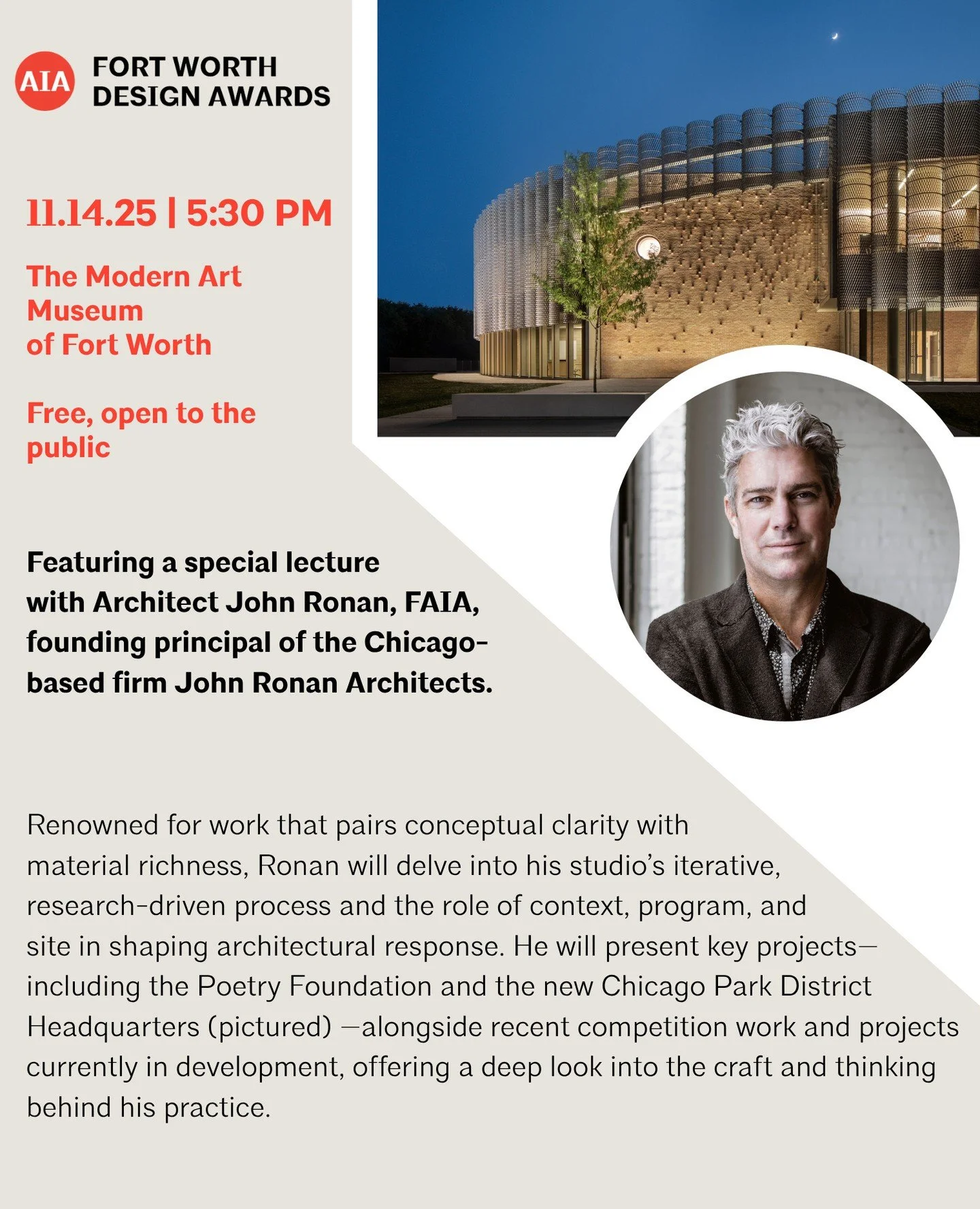 Have you RSVP'd to the Design Awards?⁠
⁠
THIS FRIDAY! 5:30 reception in cafe, 6:00 awards announcement followed by &quot;Out of the Ordinary&quot; by John Ronan, FAIA⁠
1 LU⁠
RSVP with #LinkinBio⁠
⁠
⁠
@johnronanarch⁠
Featured: Chicago Park District He