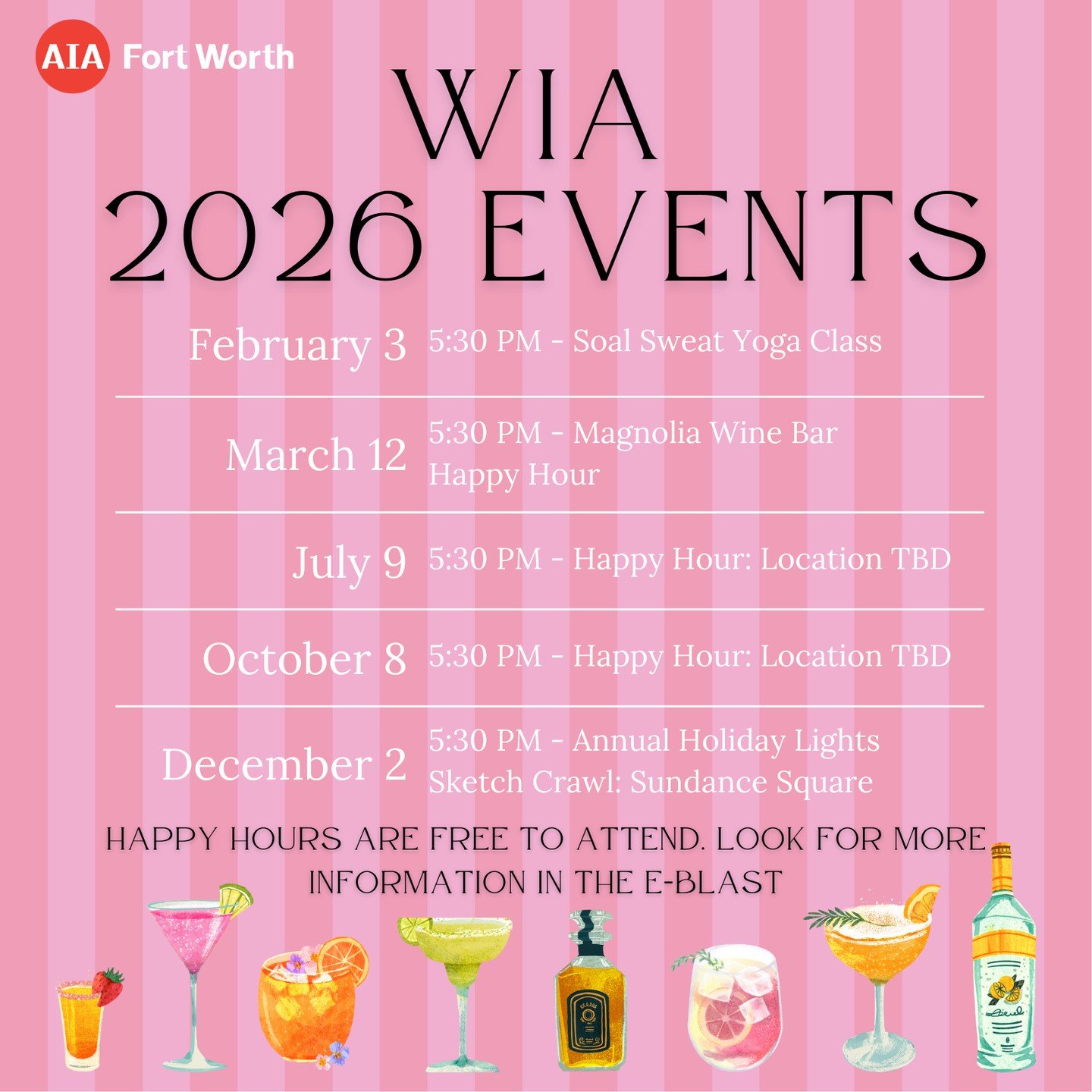 Get all our 2026 WiA events on your calendar! And join us as our next happy hour on the 12th. 🍷⁠
⁠
RSVP with the #LinkinBio See you there!⁠
⁠
#WomeninArchitecture #WomeninDesign #WomeninConstruction #FortWorth #FortWorthHappyHour #HappyHour