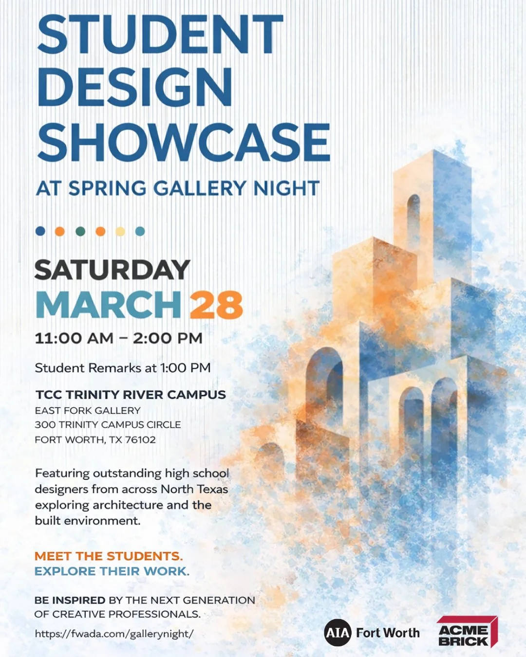 This Saturday at TCC our Student Design Showcase will be on display for Spring Gallery Night! Come check it out 11am-2pm.⁠
⁠
Sponsored by @AcmeBrick⁠
@ftworthartdealers #SpringGalleryNight #FortWorth #FortWorthEvents #ArchitectureExhibit #Architectur