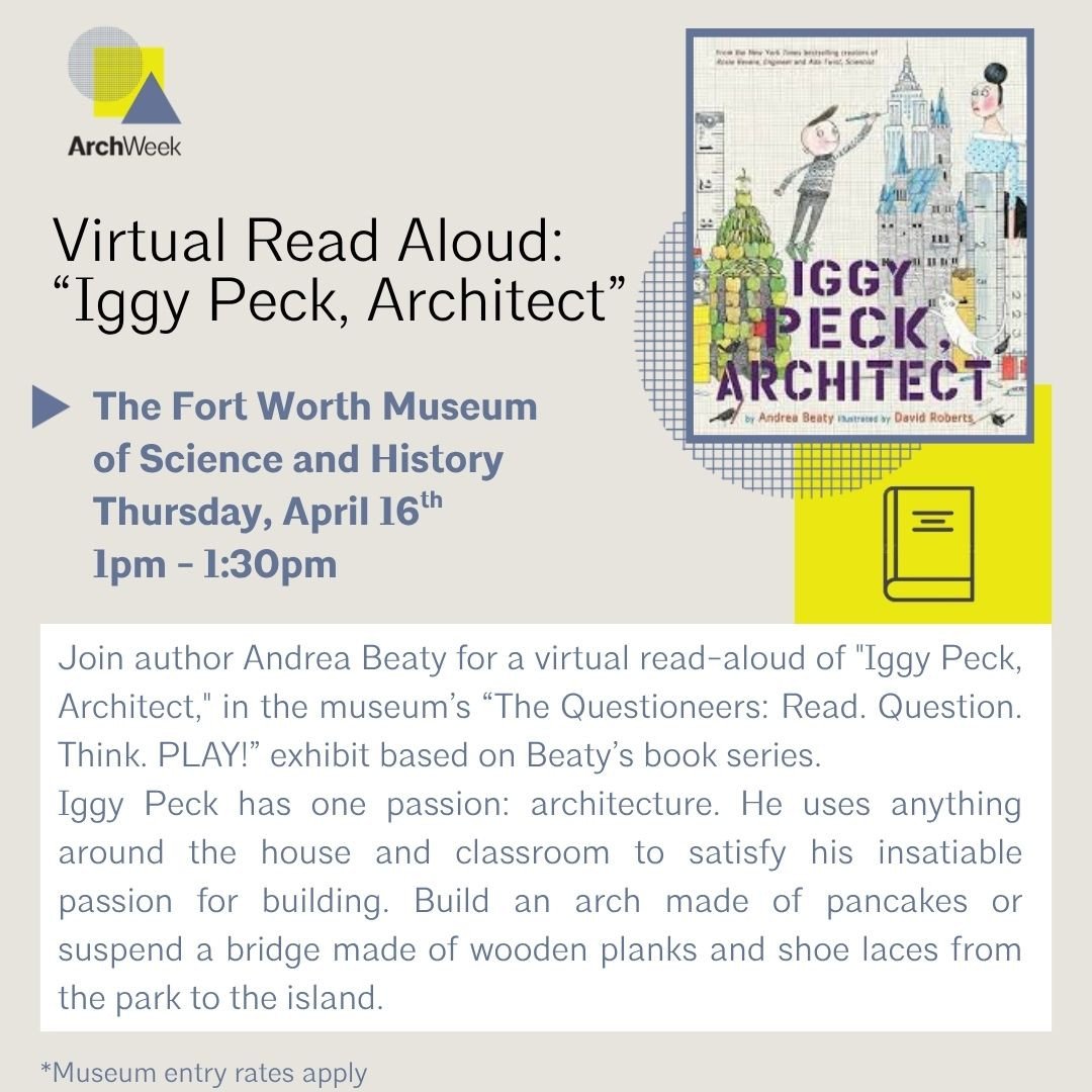 Don't miss your chance to attend a Virtual Read Aloud from @AndreaBeatyAuthor in The Questioneers exhibit based on her book series! ⁠
⁠
📍The Fort Worth Museum of Science and History!⁠
⏰️ Thursday, April 16th  1pm⁠
⁠
Ideal for grades K-3⁠
*Museum ent