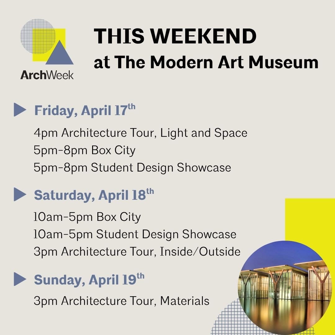 Join us at @themodernfw for special #ArchitectureWeek events!🙌⁠
⁠
This weekend will feature special guided architecture tours, our high school student design showcase, and a hands-on family program, Box City.⁠
⁠
@AIANational @TXArchitects #YoungArch