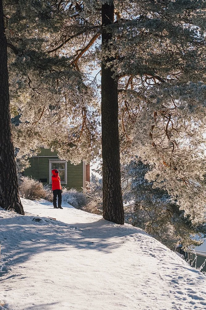 Ihminen Pyykkipuistossa. Aurinkoa Pispalassa.