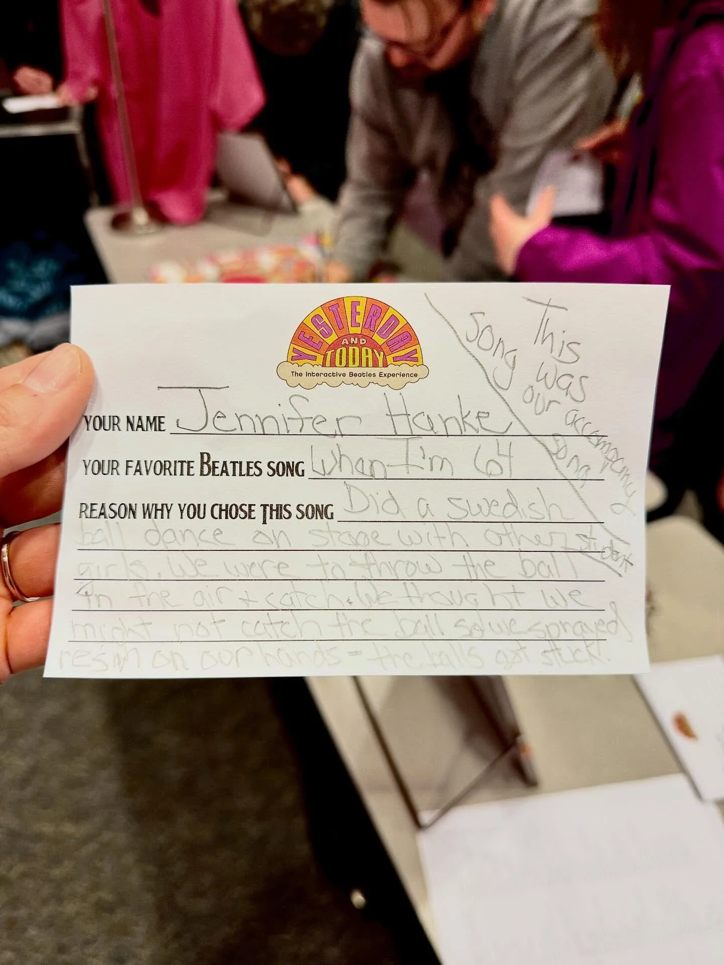 &ldquo;Did a Swedish ball dance@l on stage with other girls. We were to throw the ball in the air and catch. We thought we might not catch the ball so we sprayed resin on our hands - the balls got stuck! This song was our accompany song.&rdquo; - Jen