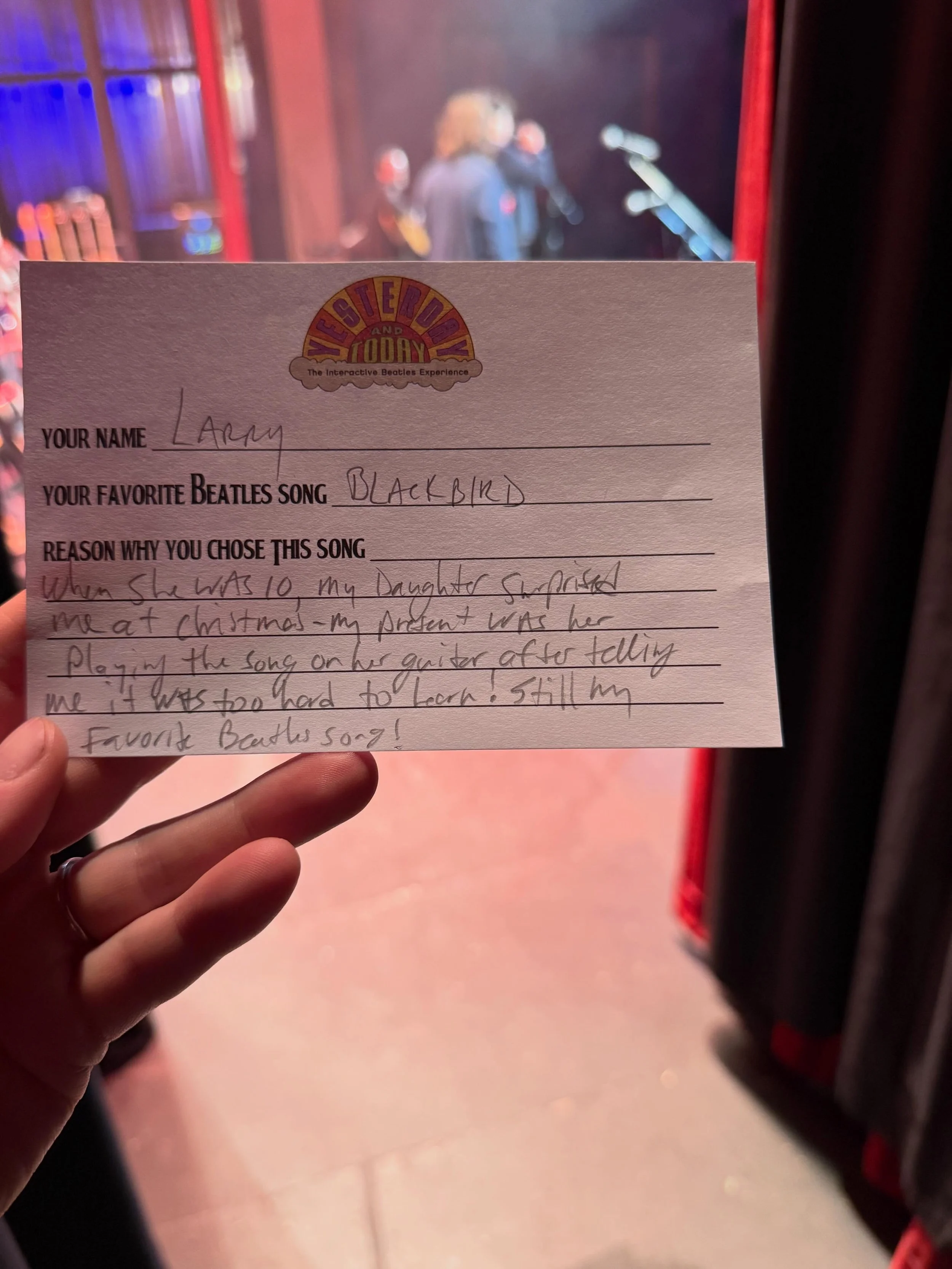 &ldquo;When she was 10 my daughter surprised me at Christmas - my present was playing the song on her guitar after telling me it was too hard to learn! Still my favorite Beatles song!&rdquo; - Larry