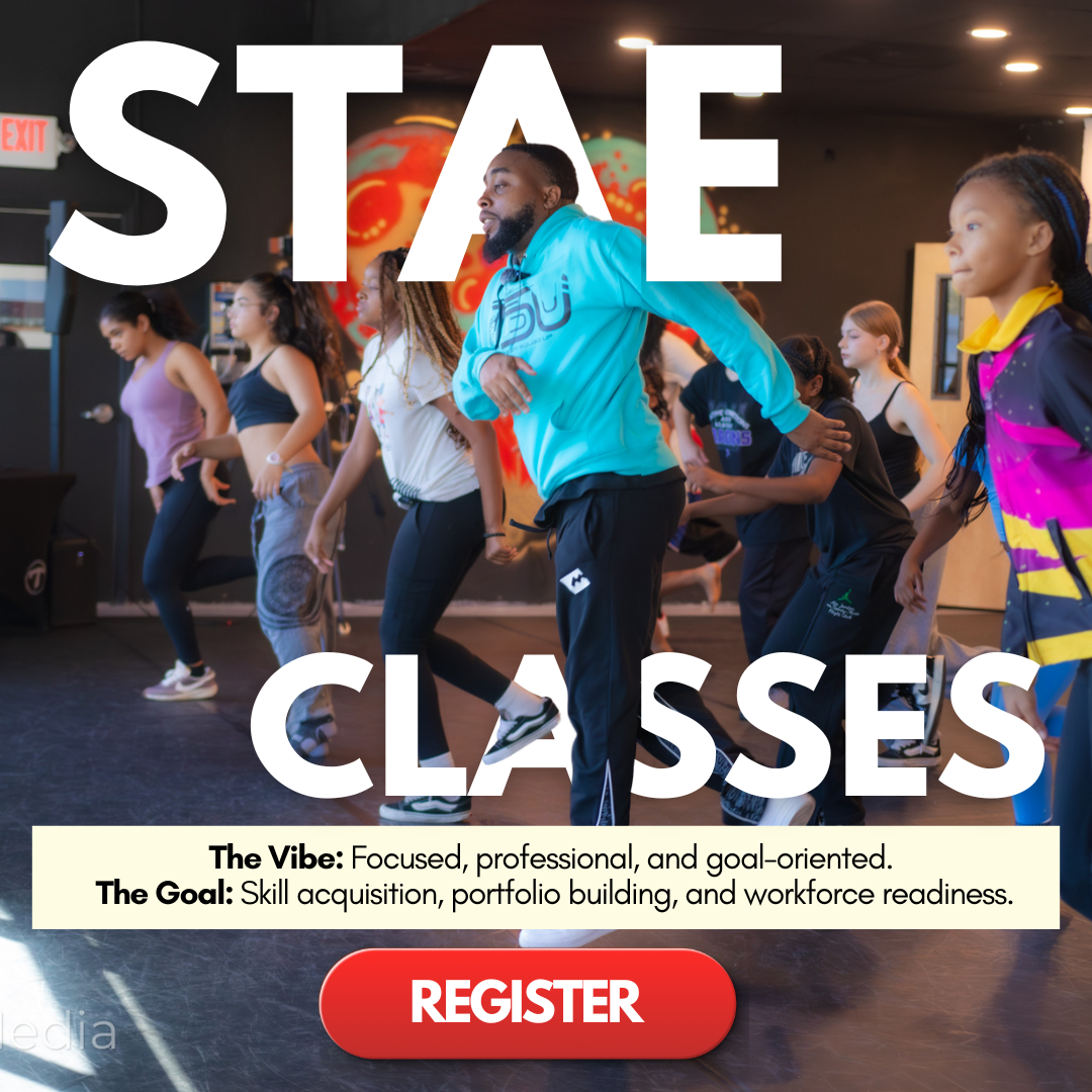 Group of diverse people participating in a dance class, led by an instructor in a bright blue hoodie, with large text overlay that reads 'Stage Classes' and a red 'Register' button at the bottom.