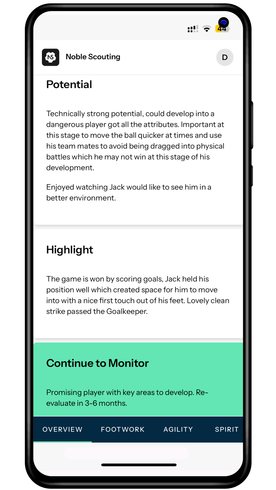 Mobile app screen displaying a scouting report for a player named Jack, focusing on potential, highlights, and evaluation areas, with navigation tabs for overview, footwork, agility, and spirit.