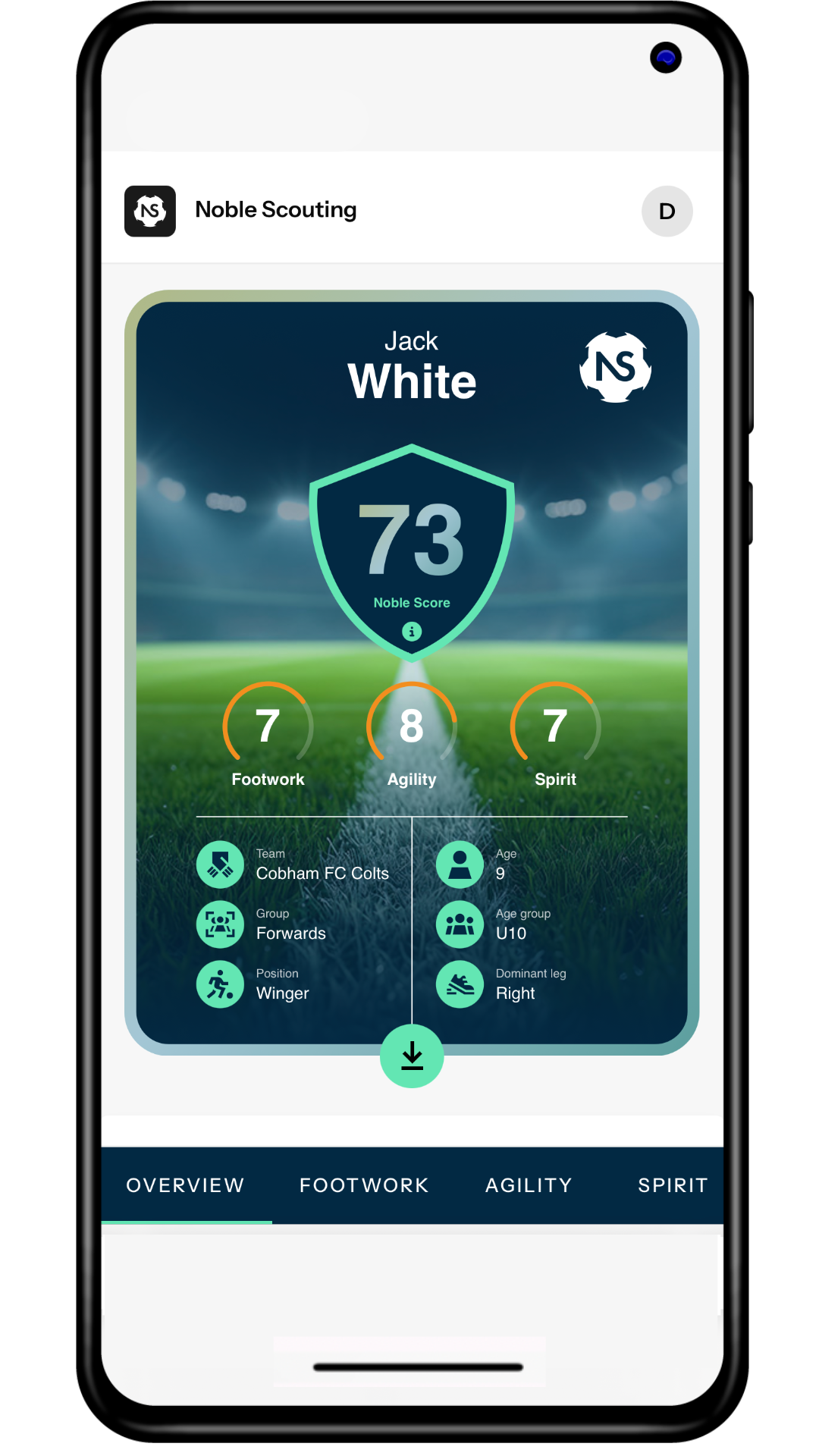 Mobile phone screen displaying a Noble Scouting app profile for a youth soccer player named Jack White with a noble score of 73, and individual skill ratings for footwork, agility, and spirit. The profile includes team, group, age, age group, and dominant leg.
