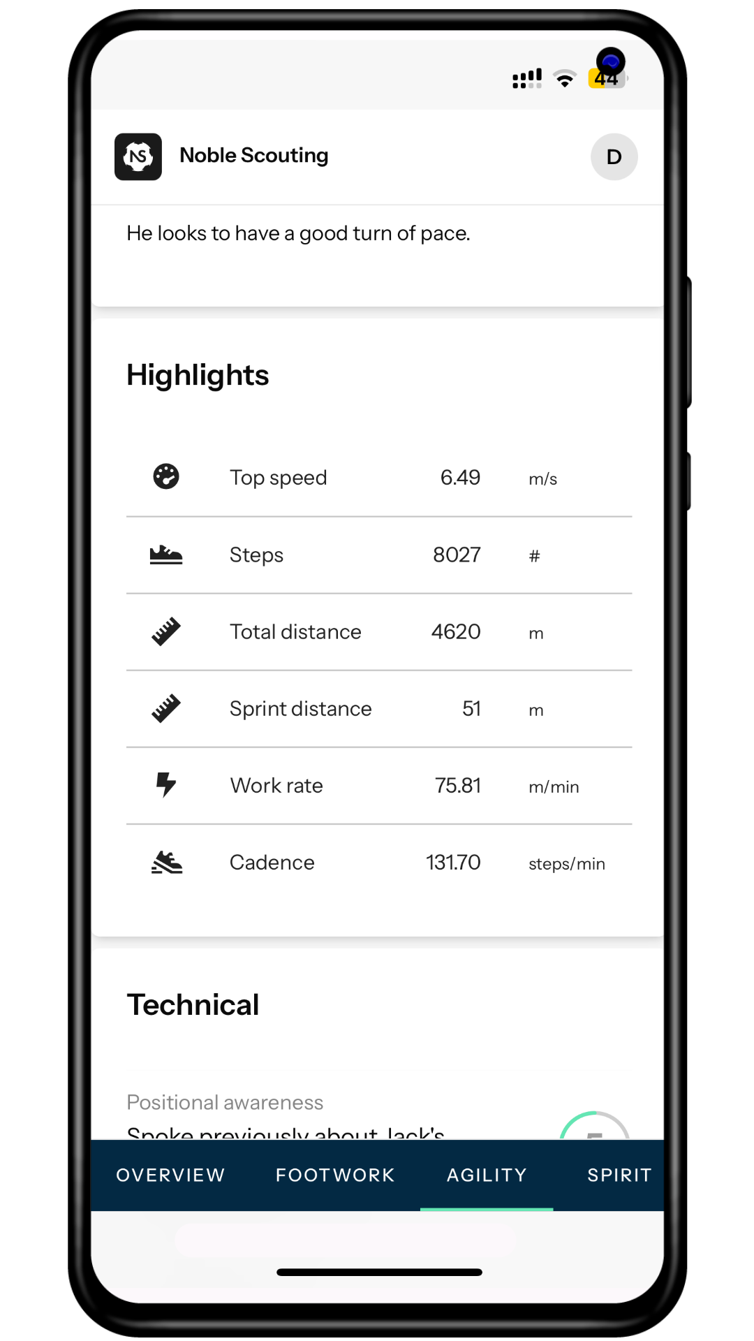 Smartphone screen displaying fitness app with stats on a person's pace, steps, distance, and cadence, with app sections titled 'Overview', 'Footwork', 'Agility', and 'Spirit' at the bottom.