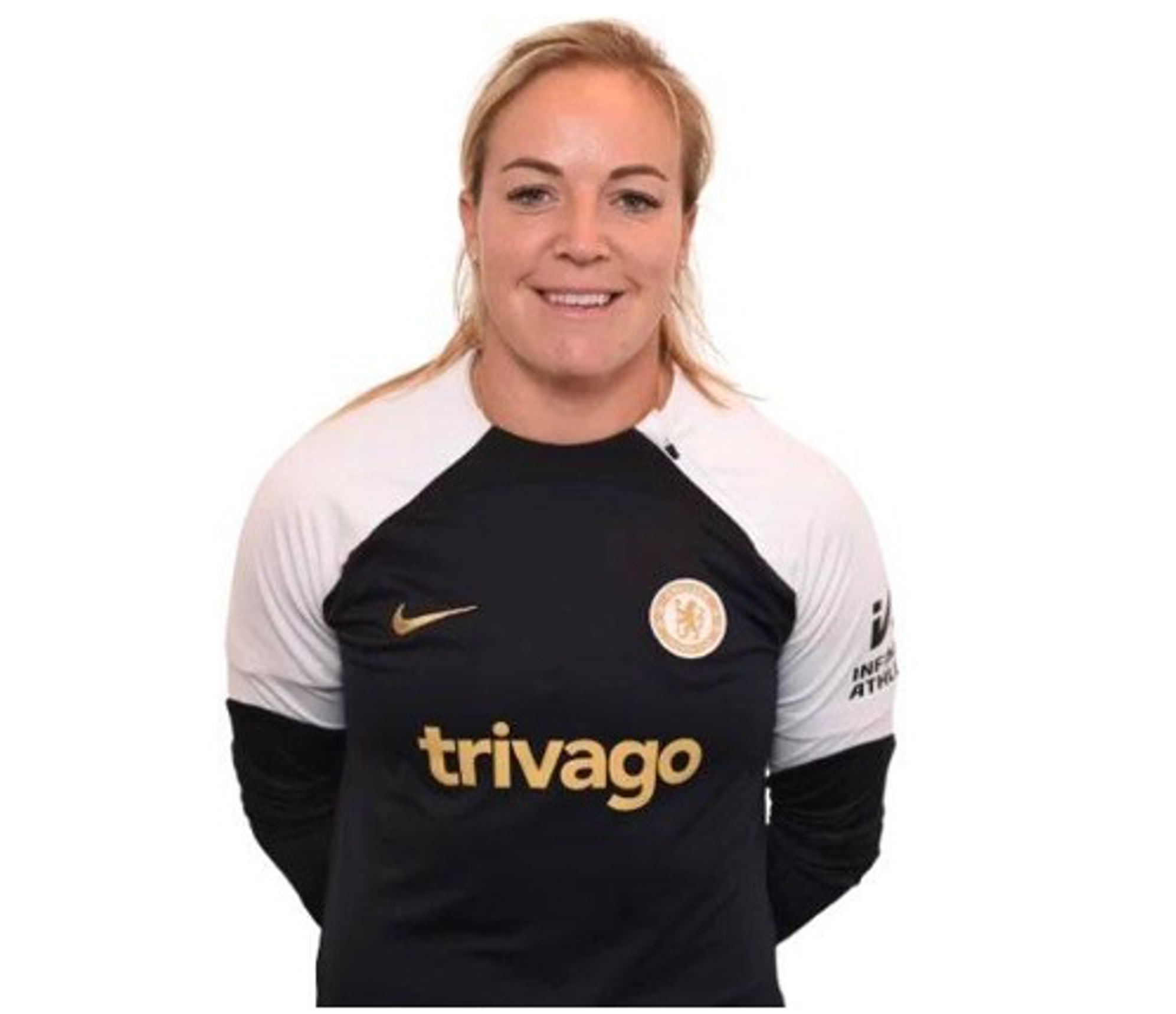 A football coach with blond hair wearing a black and white football top with 'trivago' logo and Chelsea Football Club emblem, smiling at the camera.