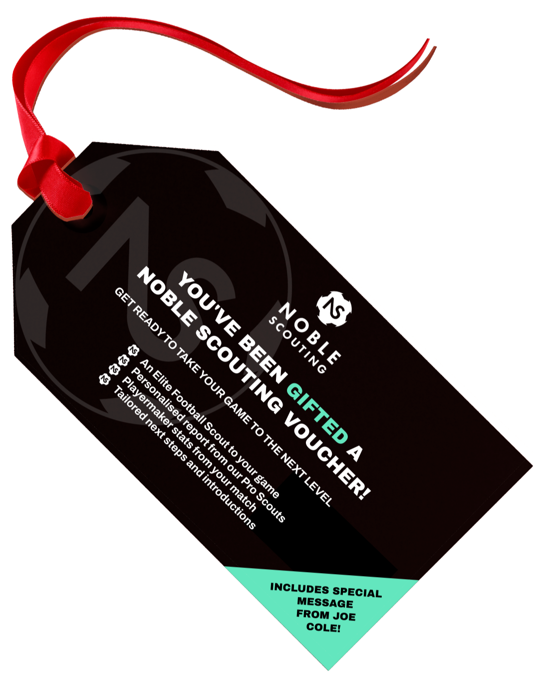 A black gift card from Noble Scouting with a red ribbon, announcing that the recipient has been gifted a noble scouting voucher to take their game to the next level, including a special message from Joe Cole.