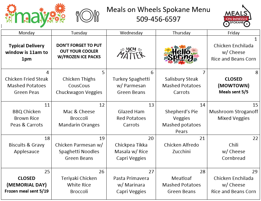 Monthly meal schedule for Meals on Wheels Spokane, with menu items listed for each day, contact number, and promotional Spring theme.