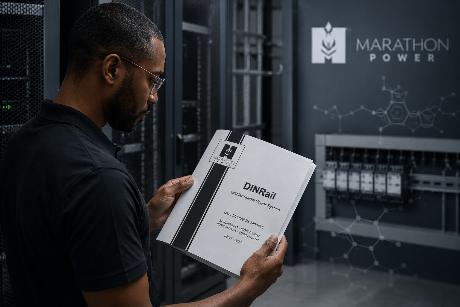 A man holding a Marathon Power user manual titled 'DIN Rail Uninterruptible Power System' in a server room with electrical equipment and Marathon Power branding.