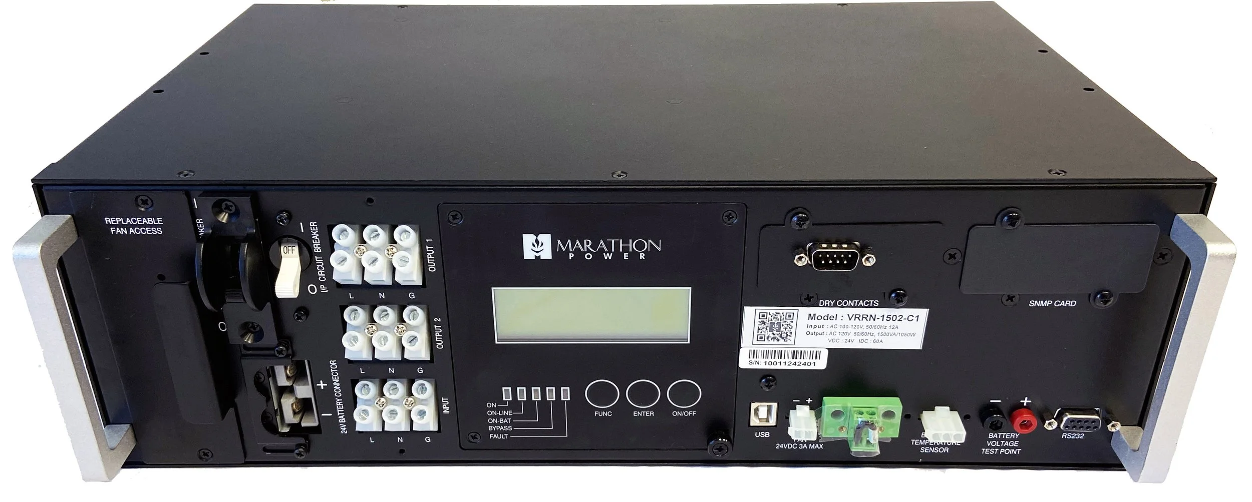 Marathon Power model VRRN-1502-C1 power supply unit with various connection ports, LCD screen, and control buttons