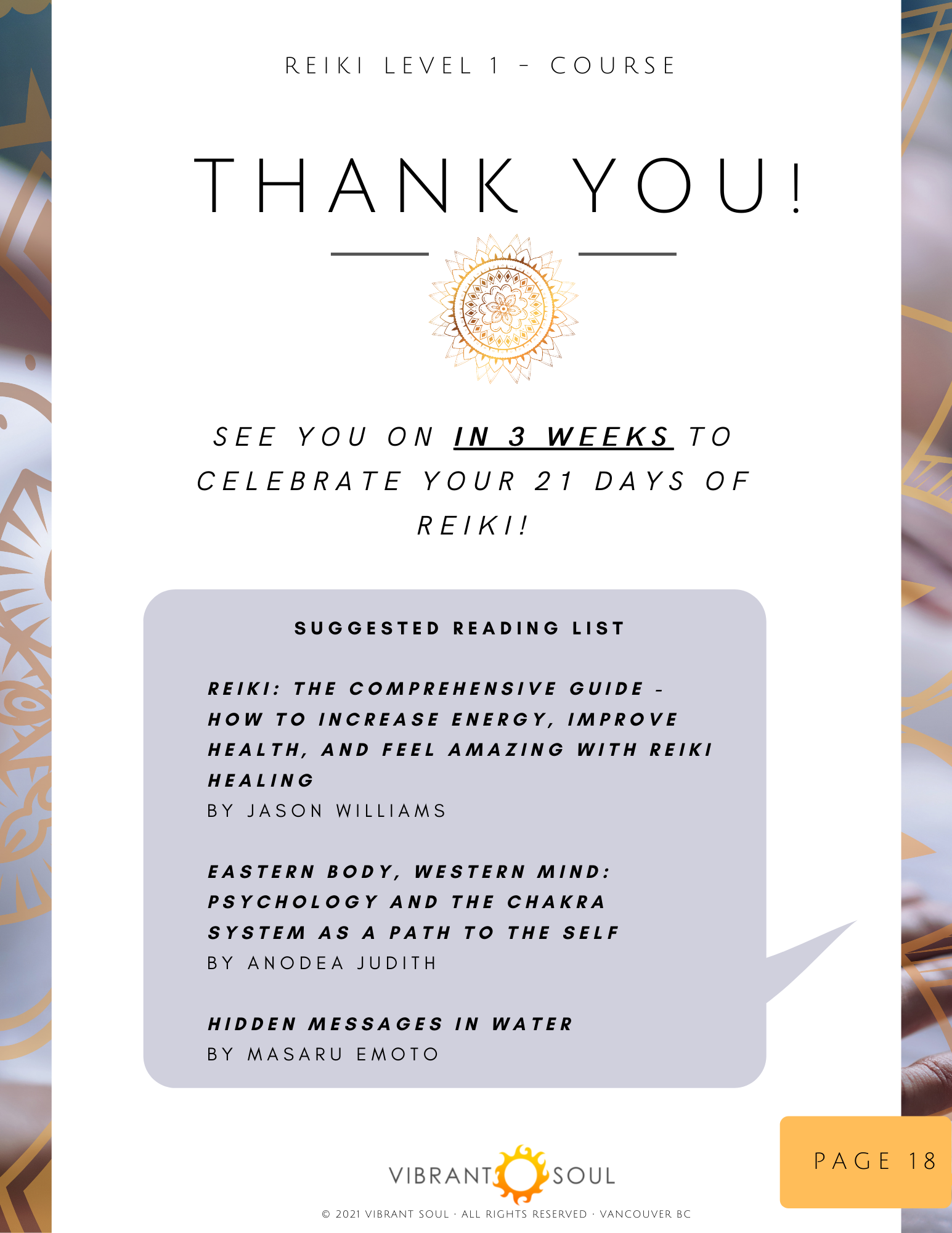 A thank you message for a Reiki Level 1 course, indicating a 3-week wait until the next session. It lists three suggested reading books about Reiki, including their titles and authors. The page number, 18, is shown at the bottom right, and the Vibran