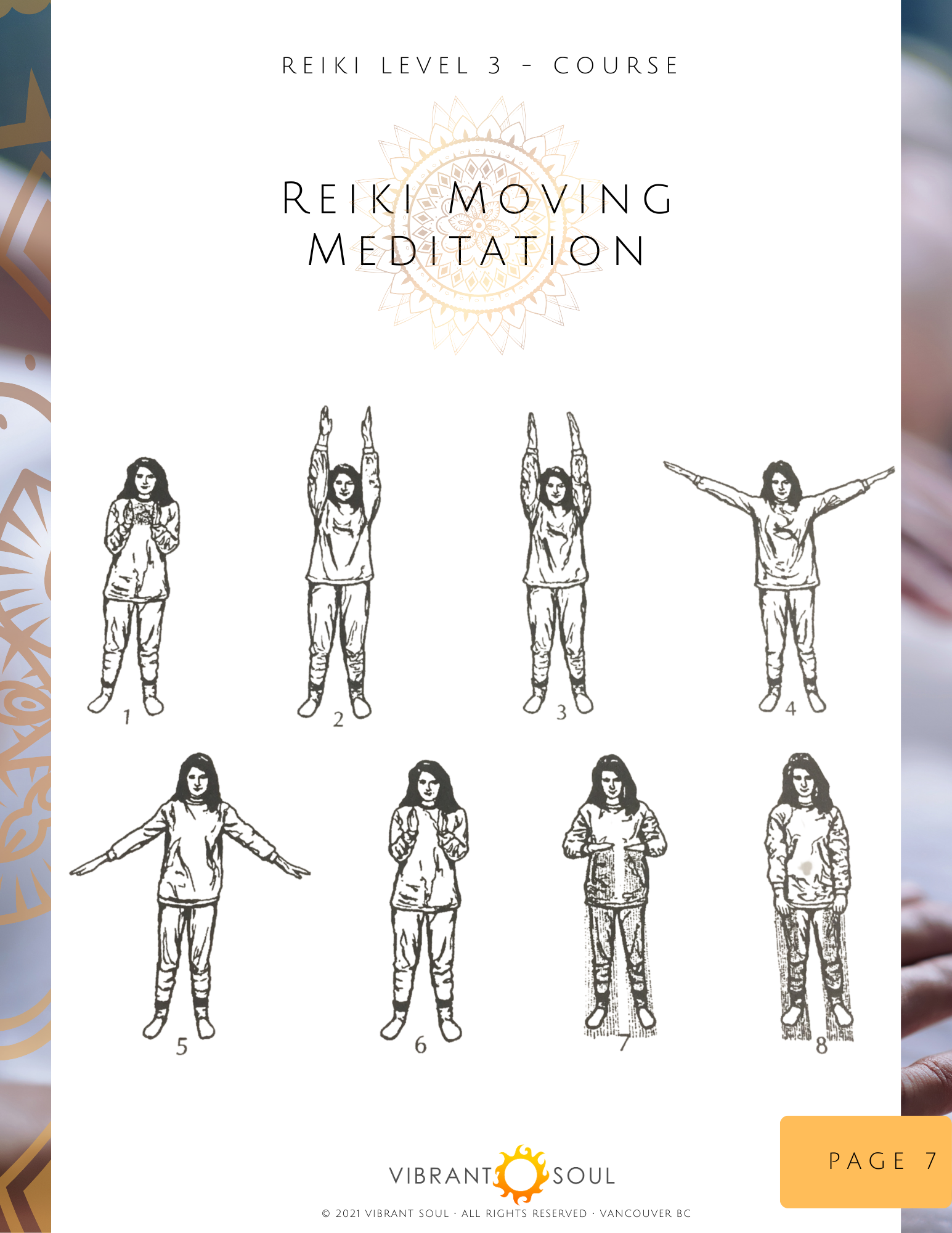 A instructional diagram for Reiki Level 3 - Moving Meditation, showing a woman performing various poses, numbered 1 through 8, for a meditation course, with the Vibrant Soul logo at the bottom.