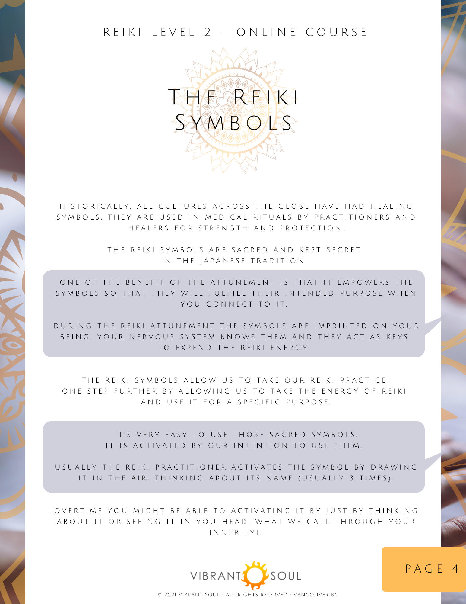 Educational digital flyer about Reiki symbols, explaining their healing significance, sacred tradition, and how to activate and use them during practice.