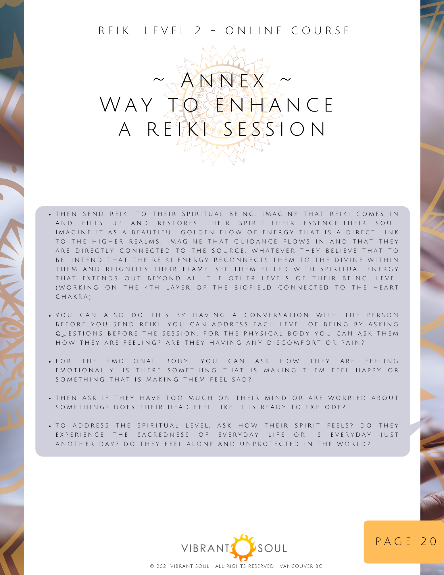 Text-heavy page titled 'Annex: Way to Enhance a Reiki Session' from an online course. Contains instructional content and suggestions for enhancing Reiki practice with spiritual, physical, emotional, and spiritual conversation prompts. Footer shows 'V