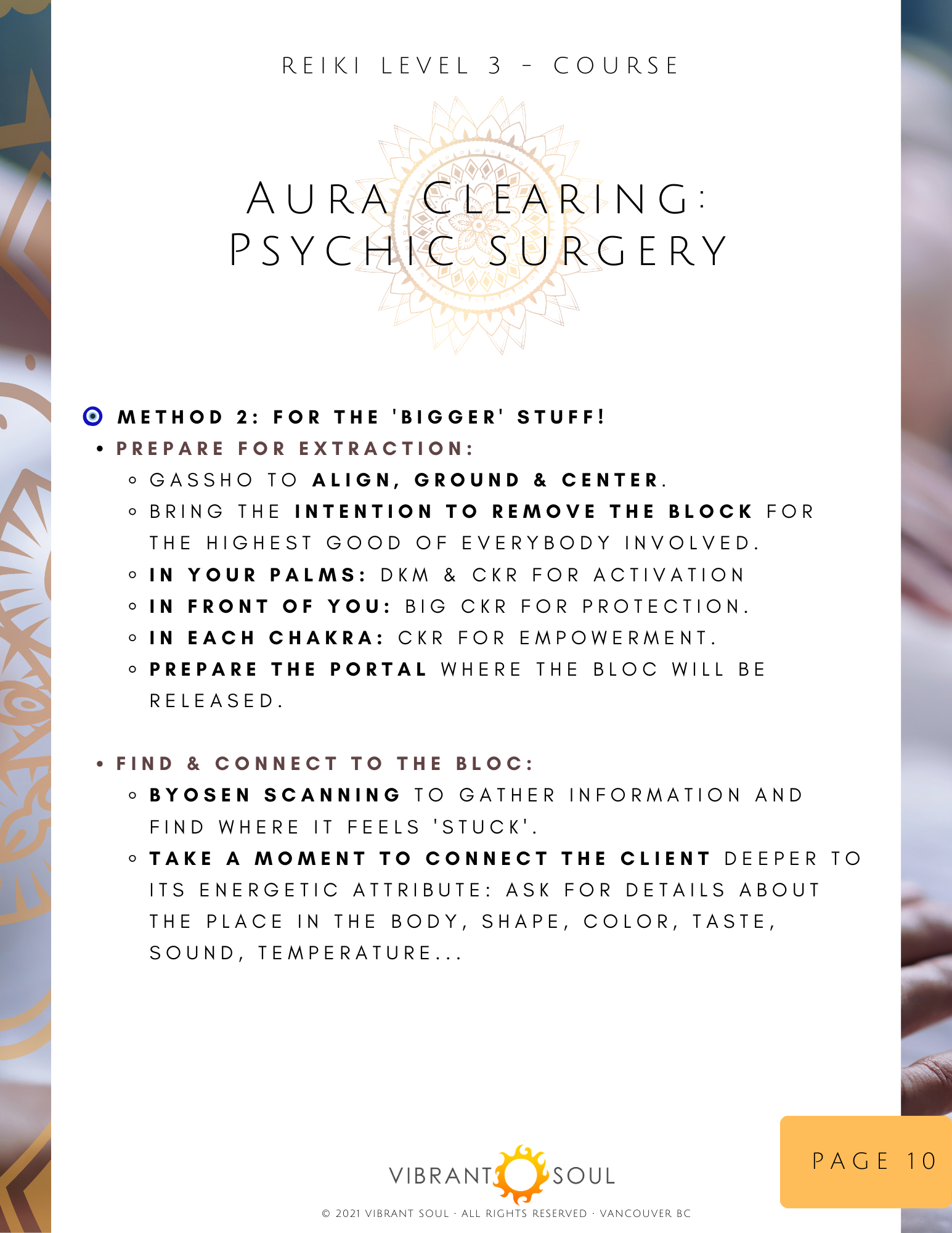 Course page for Aura Clearing: Psychic Surgery, part of Reiki Level 3, providing steps for a psychic energy clearing process including preparation, connection, and connecting to the bloc.