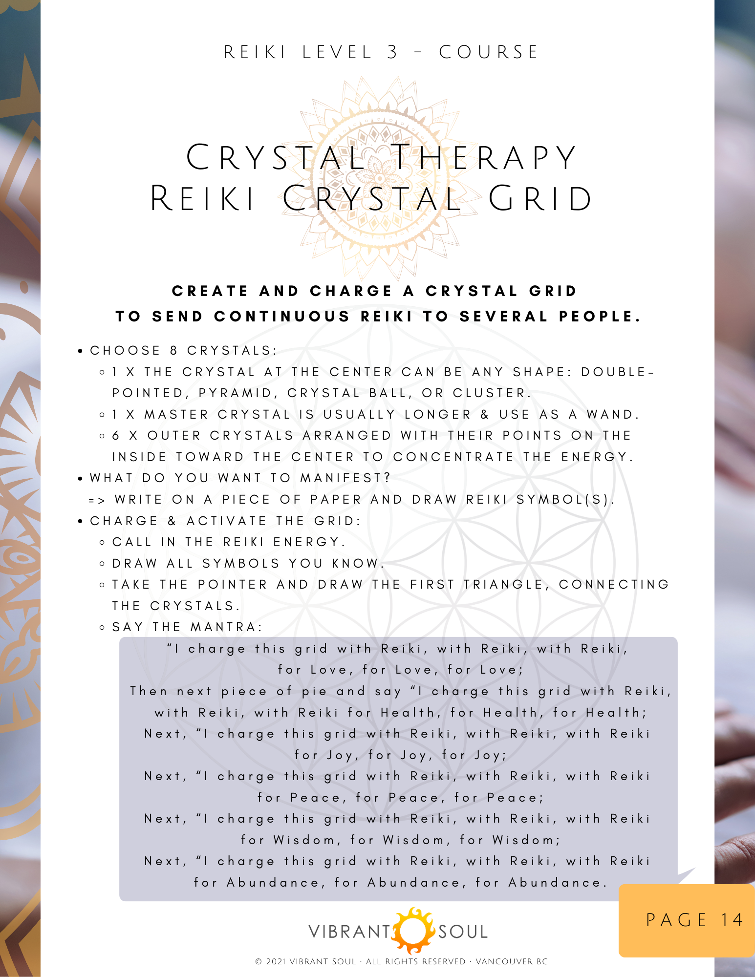 A Reiki Level 3 course handout titled 'Crystalline Therapy Reiki Crystal Grid' with instructions and a mantra, with decorative designs on the sides and Vibrant Soul logo at the bottom.