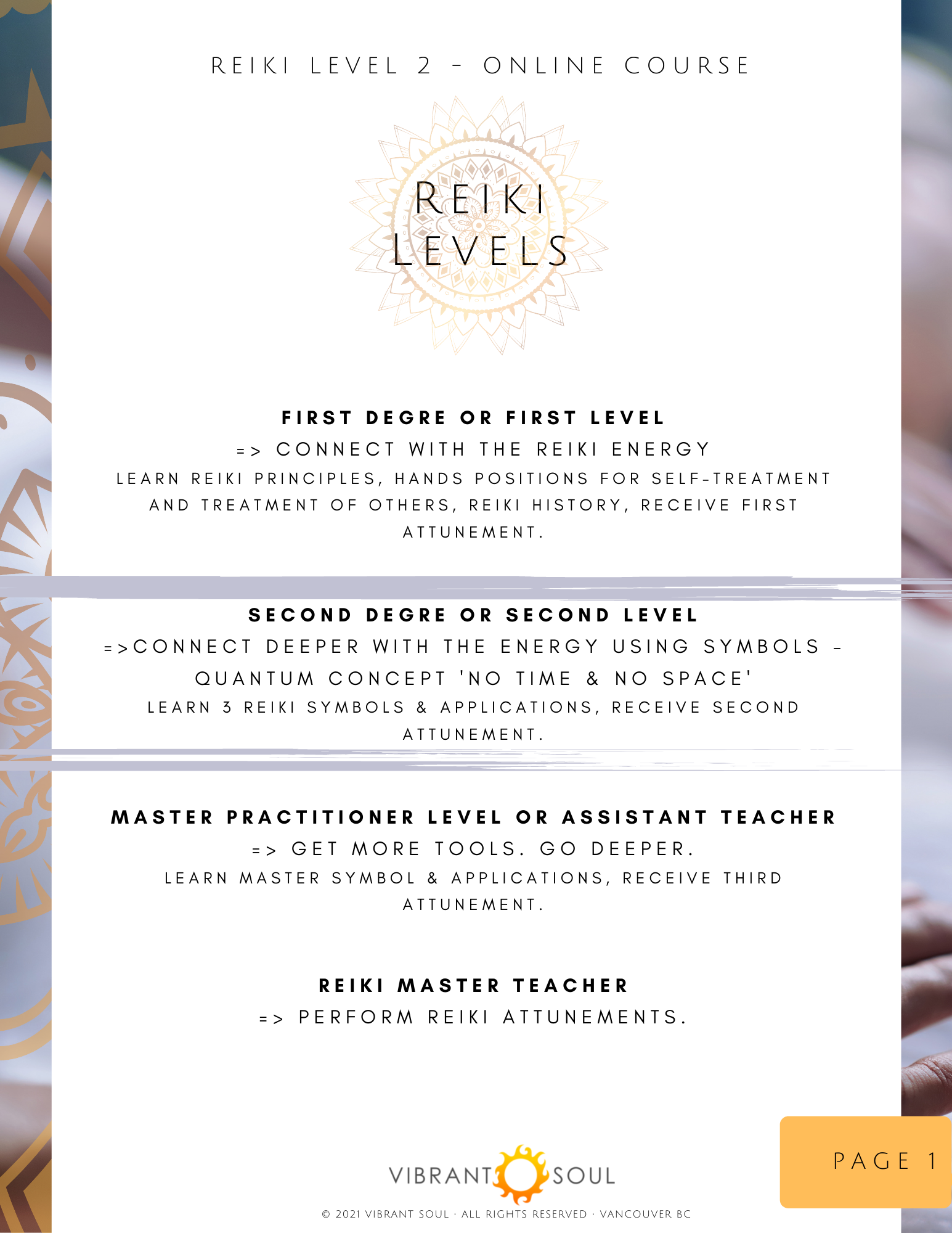 Online Reiki Level 2 course details, introducing four levels of practice, including principles, symbols, attunements, and master training, with colorful surroundings.