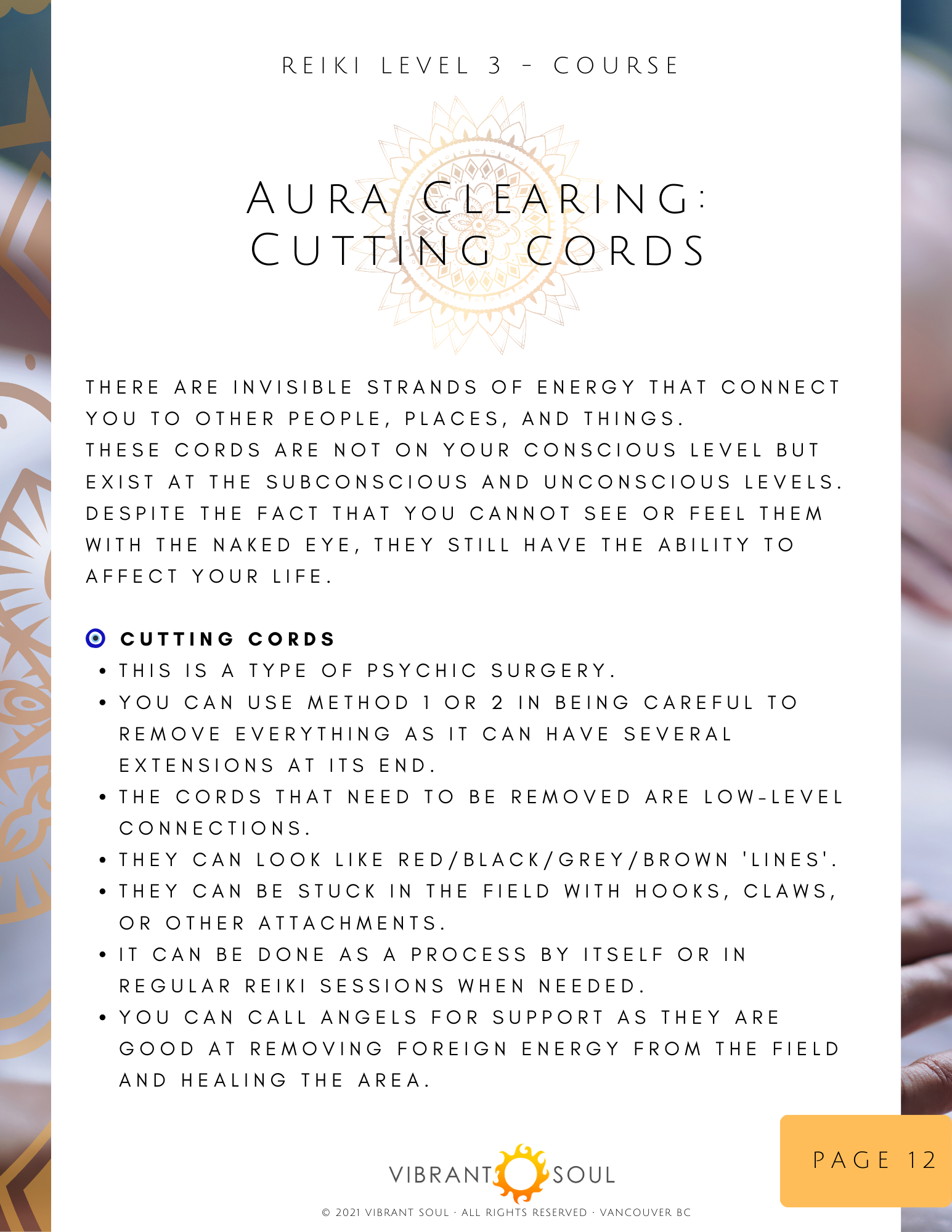Reiki Level 3 course flyer for Aura Clearing: Cutting Cords, explaining invisible energy strands connecting people, places, and things, and how to use cutting cords for psychic and emotional healing.