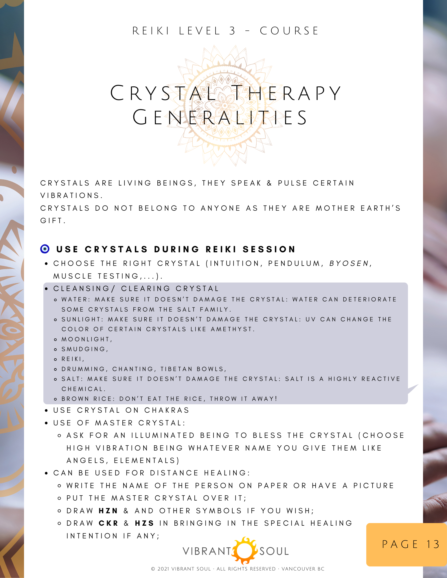 A page from a Reiki Level 3 course manual titled "Crystal Therapy Generalities." The page discusses the nature of crystals, their vibrations, and how to use them during Reiki sessions, including cleansing, activating chakras, and healing practices. A