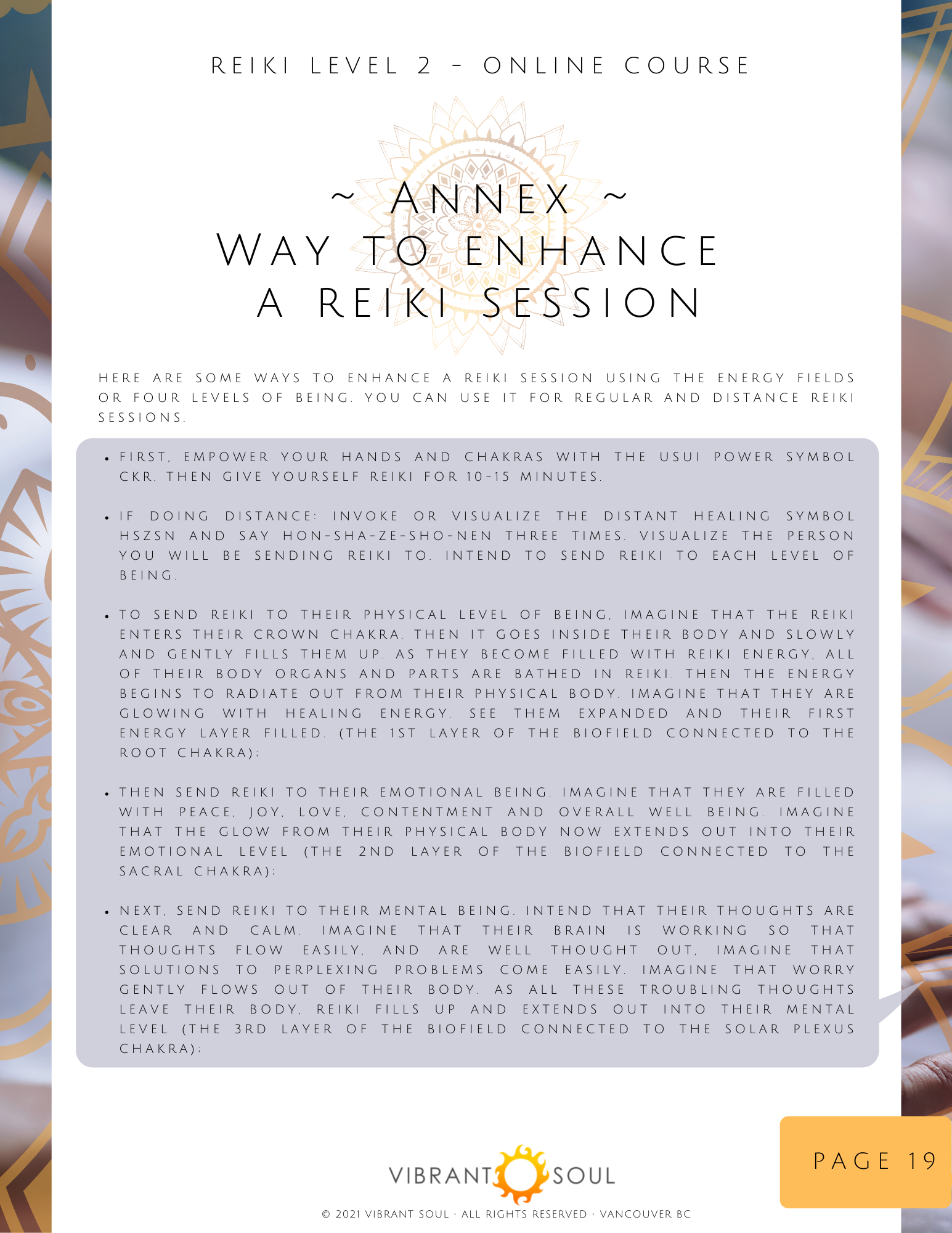 Online course page from Vibrant Soul about enhancing Reiki sessions through visualization and energy work, with a background design of Reiki symbols.