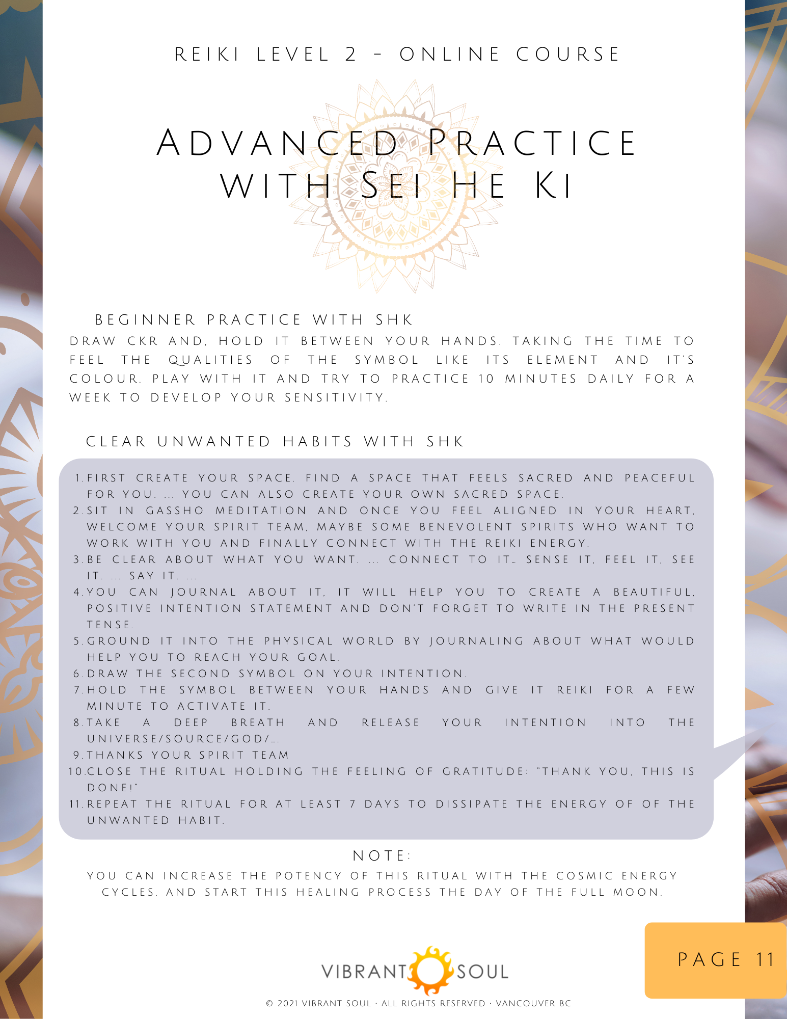 A page from a Reiki Level 2 online course guide titled "Advanced Practice with Sei He Ki," with numbered steps for clearing unwanted habits with SHK and a note about increasing potency with cosmic energy cycles. The page features a decorative backgro