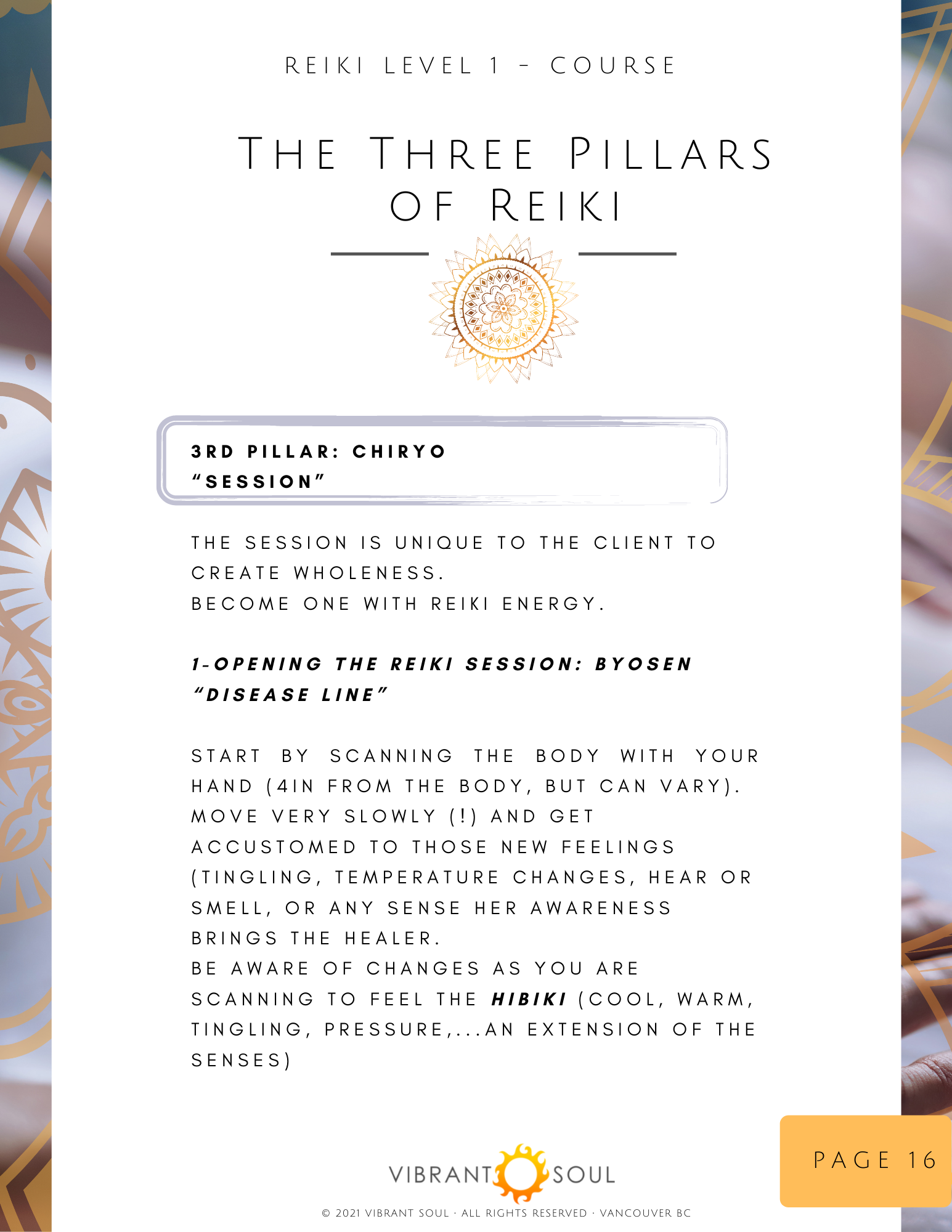 Page from a Reiki training manual titled 'The Three Pillars of Reiki' for Level 1 course, featuring content on the third pillar, Chiryo, or 'Session'. The page discusses creating wholeness through Reiki energy, with instructions on scanning the body 