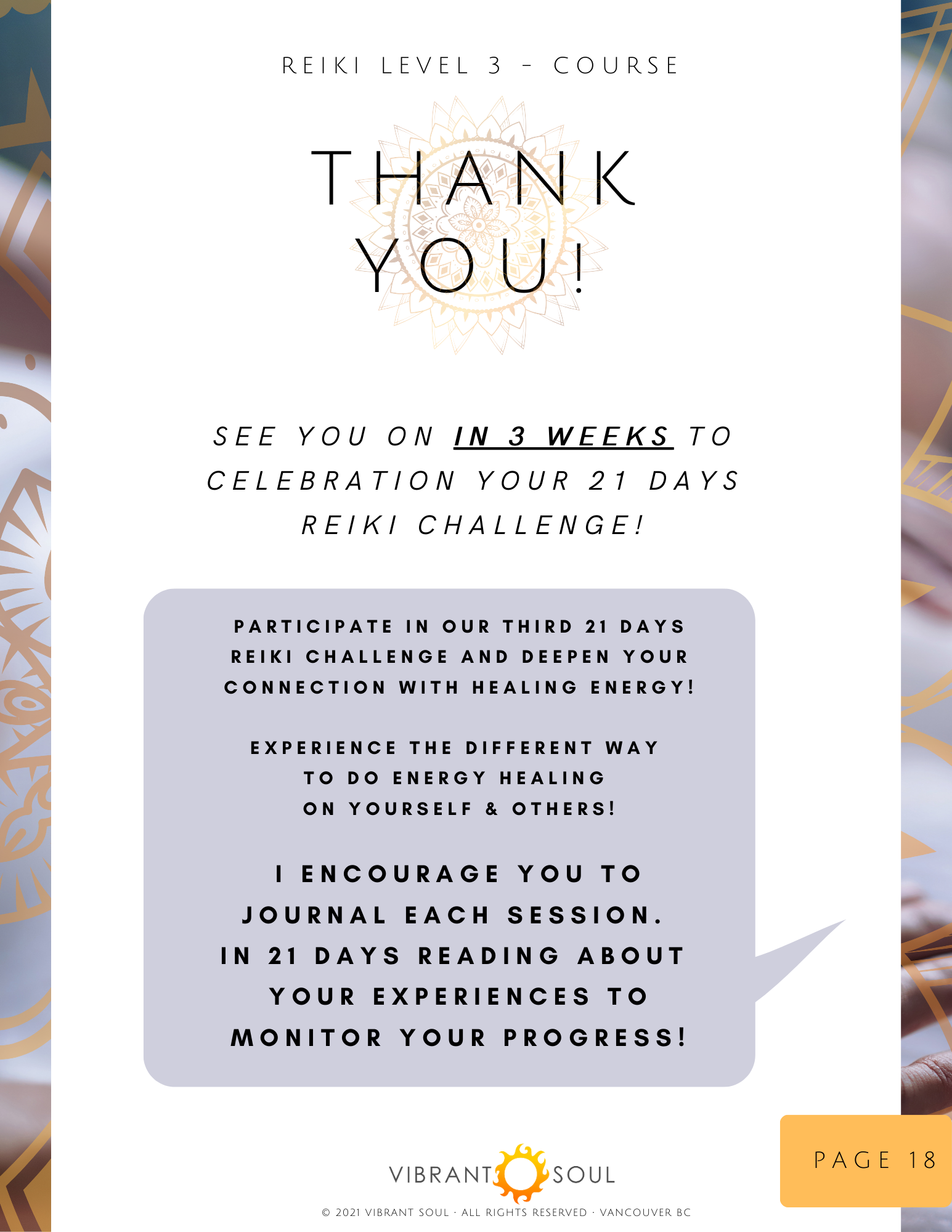 Celebration page for Reiki Level 3 course, thanking participants and inviting them to a 21-days Reiki challenge, with a Vibrant Soul logo at the bottom and a page number 18.