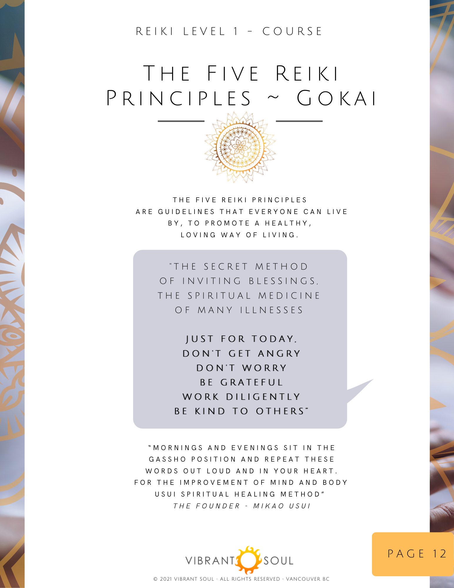 An informational flyer for a Reiki Level 1 course titled "The Five Reiki Principles - Gokai". The flyer features a decorative sunburst logo in the center, a quote about the importance of gratitude and mindfulness, and a quote from Mikao Usui, the fou