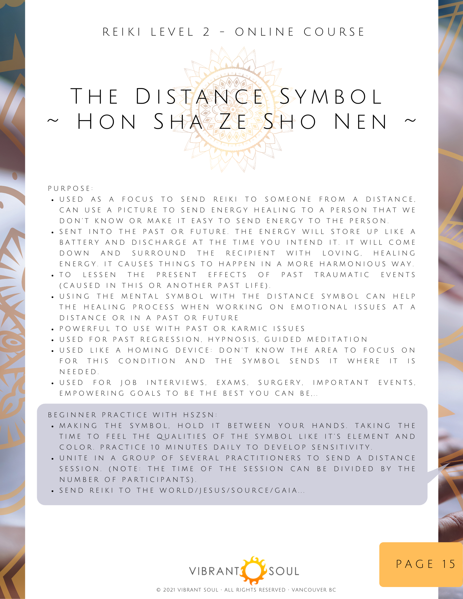 A promotional flyer for an online Reiki Level 2 course focusing on the distance symbol, with sections explaining its purpose, usage, beginner practice, and details for practitioners, alongside decorative gold and purple patterns, and the Vibrant Soul