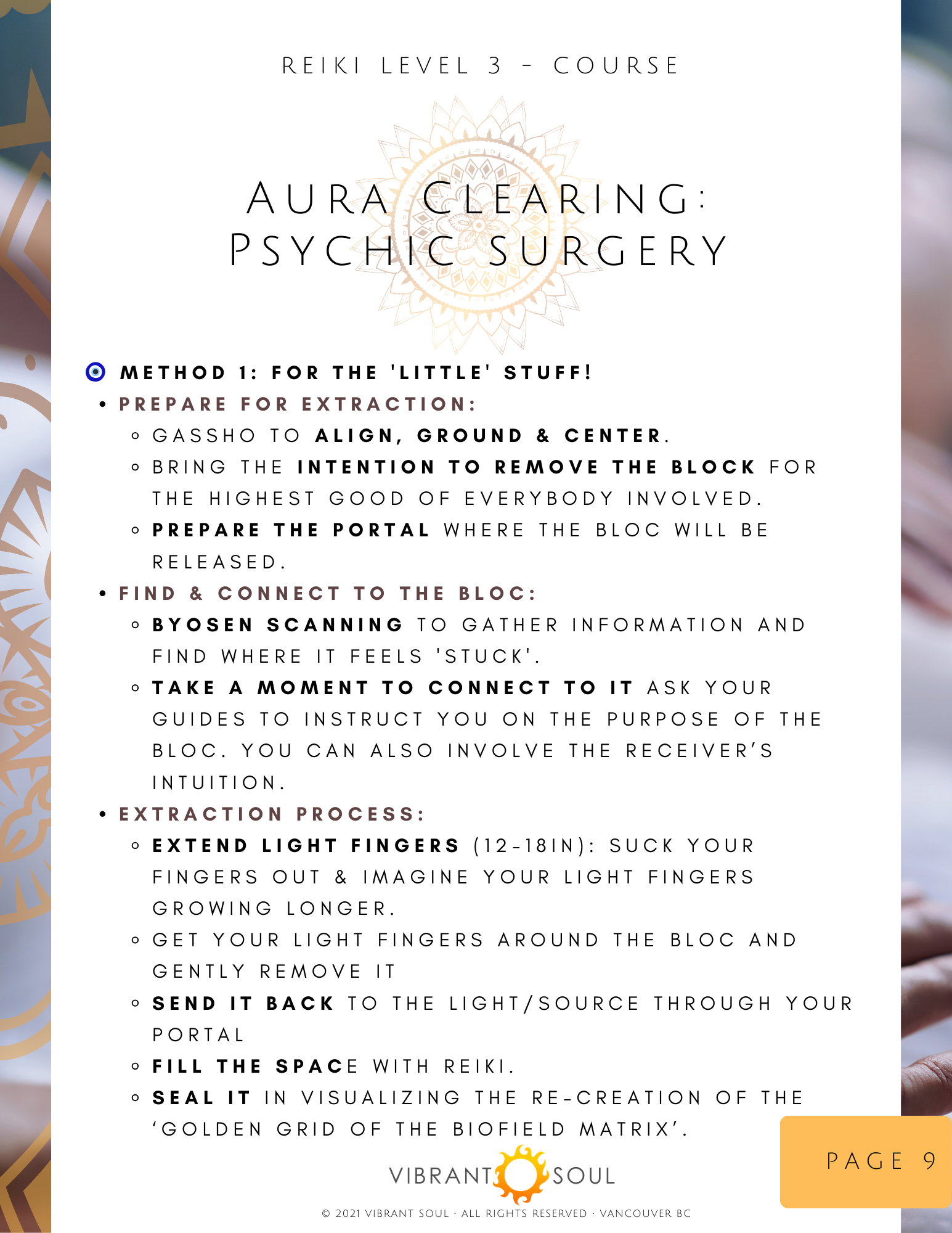 A page from a course on Aura Clearing and Psychic Surgery, illustrating instructions for a technique, with a decorative pattern and the Vibrant Soul logo at the bottom.