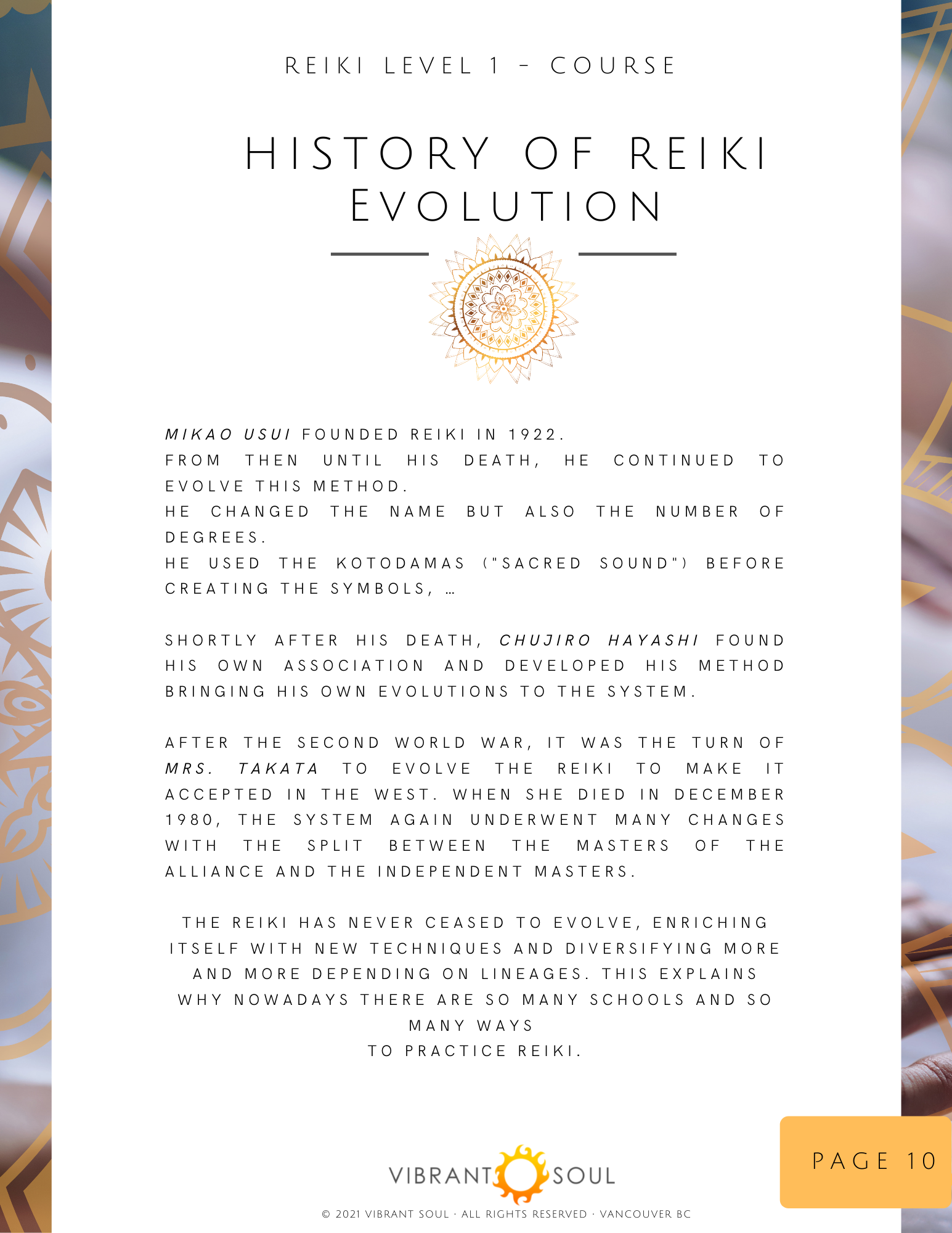 Title page for a Reiki Level 1 course, featuring the history of Reiki evolution, with a decorative emblem at the top and a vibrant soul logo at the bottom, on a background with abstract designs.