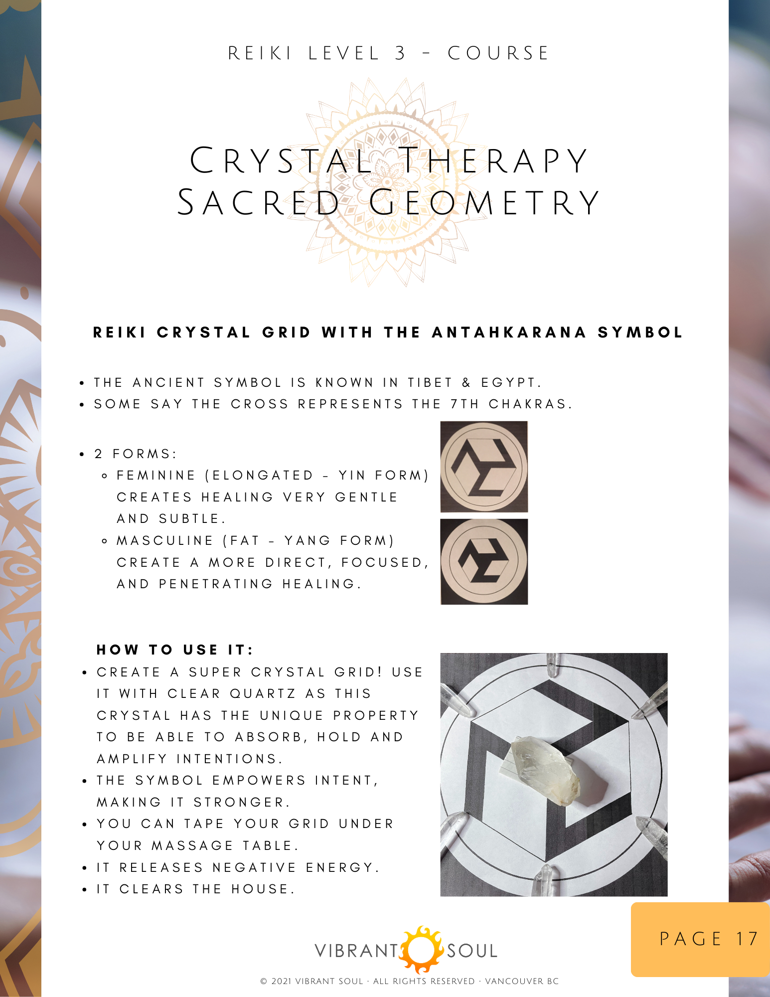 Reiki Level 3 course flyer featuring a crystal grid with the Antahkarana symbol, describing its history, forms, and usage tips. The flyer includes images of the Antahkarana symbol and a crystal positioned on a grid, with the Vibrant Soul logo and pag