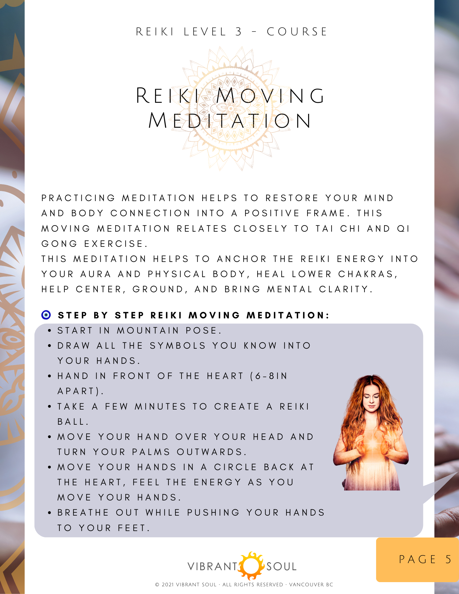 A guide on Reiki Moving Meditation, Level 3, with steps and a photo of a woman in a relaxed pose with hands over her chest, on a page from Vibrant Soul.