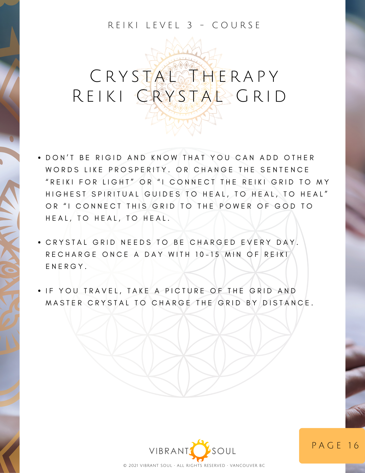 Page from a Reiki Level 3 course booklet titled 'Crystal Therapy Reiki Crystal Grid' with instructions on how to use a crystal grid, including charging, taking pictures when traveling, and connecting with spiritual guides. The page features a faint g
