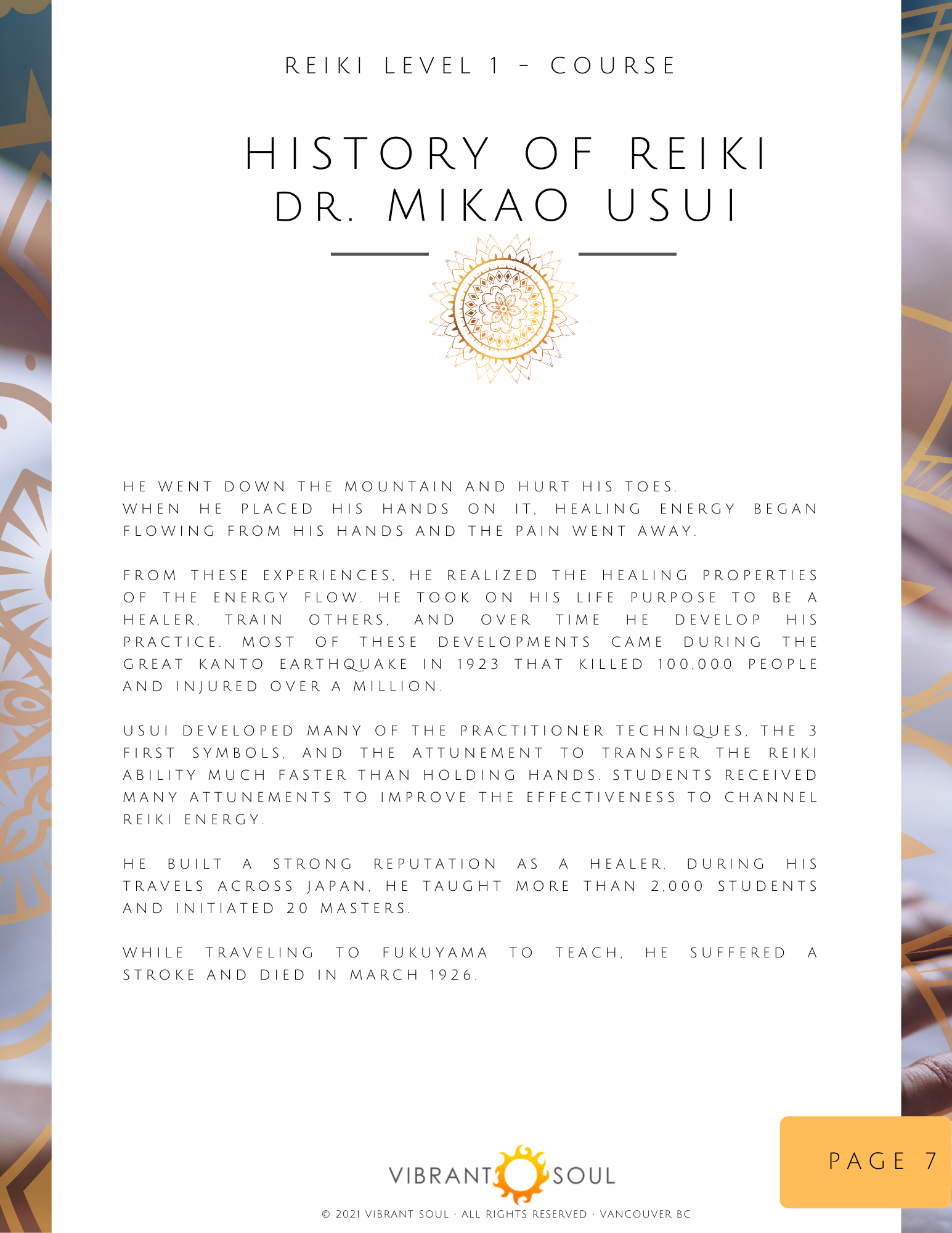 Page titled "History of Reiki Dr. Mikao Usui" from a Reiki Level 1 course booklet, with decorative border and a small logo at the bottom.