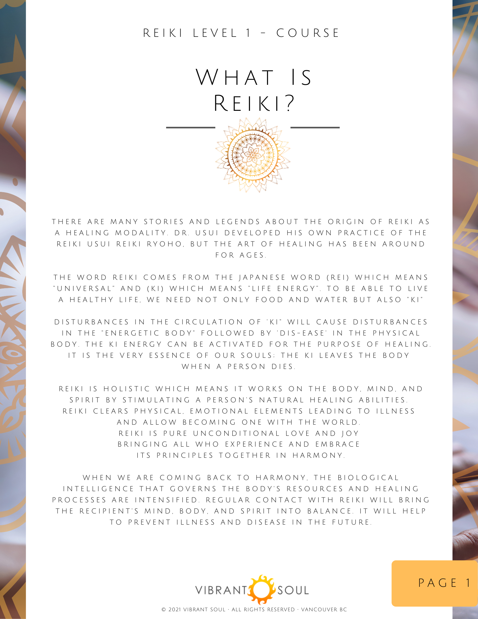 A digital flyer or cover page titled 'What is Reiki?' for a Reiki Level 1 course. The flyer features a decorative orange symbol in the center, with text describing the history, philosophy, and benefits of Reiki. The background has a gradient with par