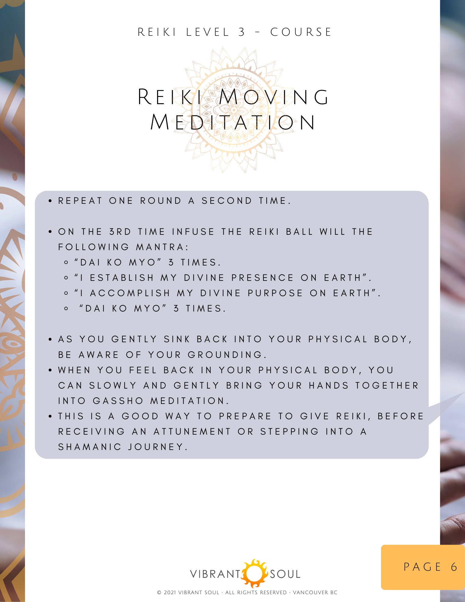 Instructions for Reiki Moving Meditation, Level 3 course, including repeating a mantra and grounding techniques, with a logo at the bottom for Vibrant Soul and page number 6.